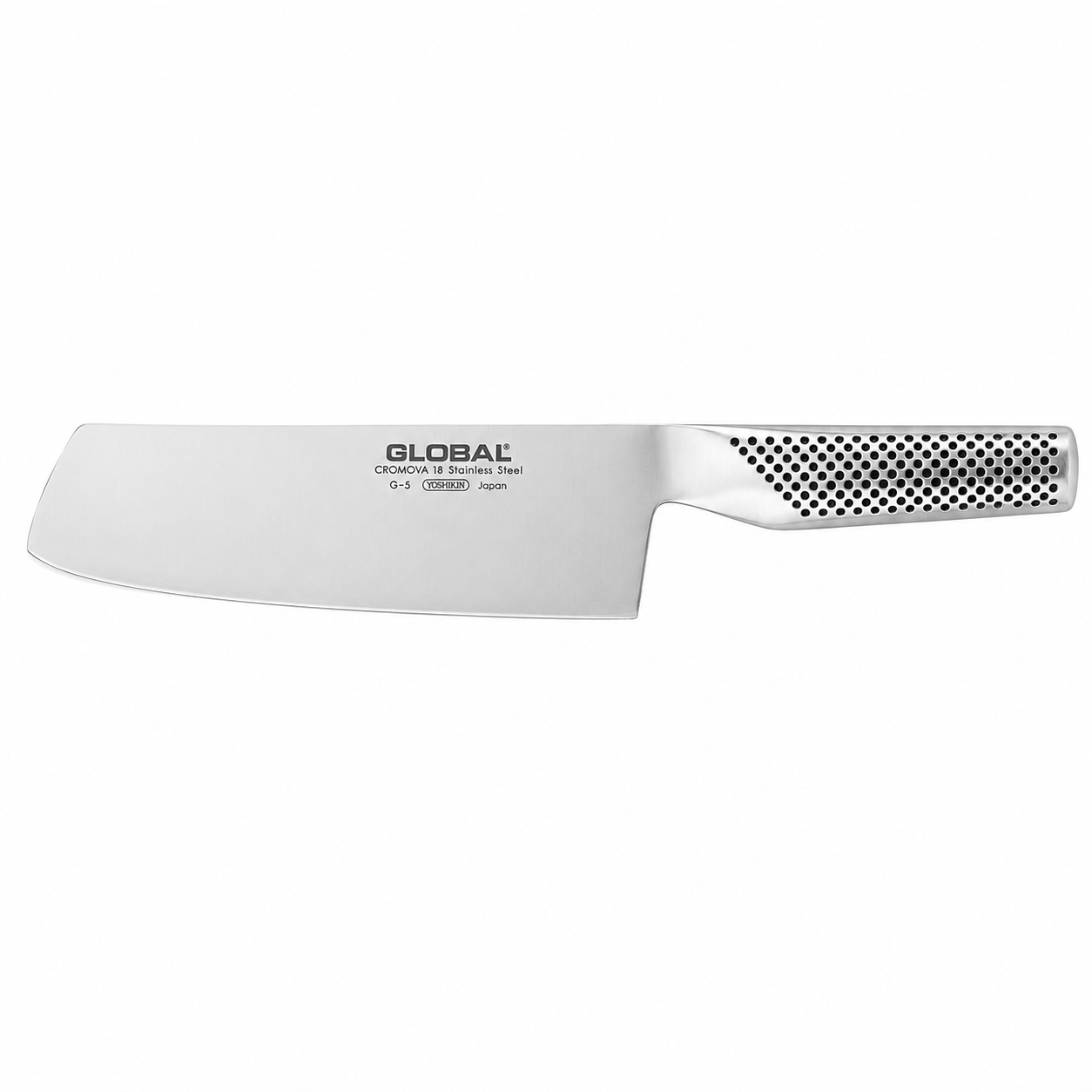Global brand chef's knife with a broad stainless steel blade and perforated, dotted handle for grip griping while slicing.