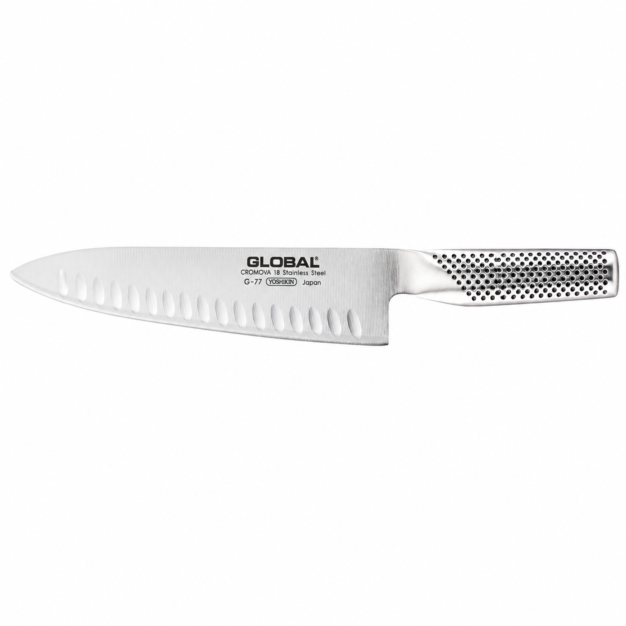 Global G-77 chef's knife in stainless steel with a perforated, textured handle viewed from the side, blade branding visible