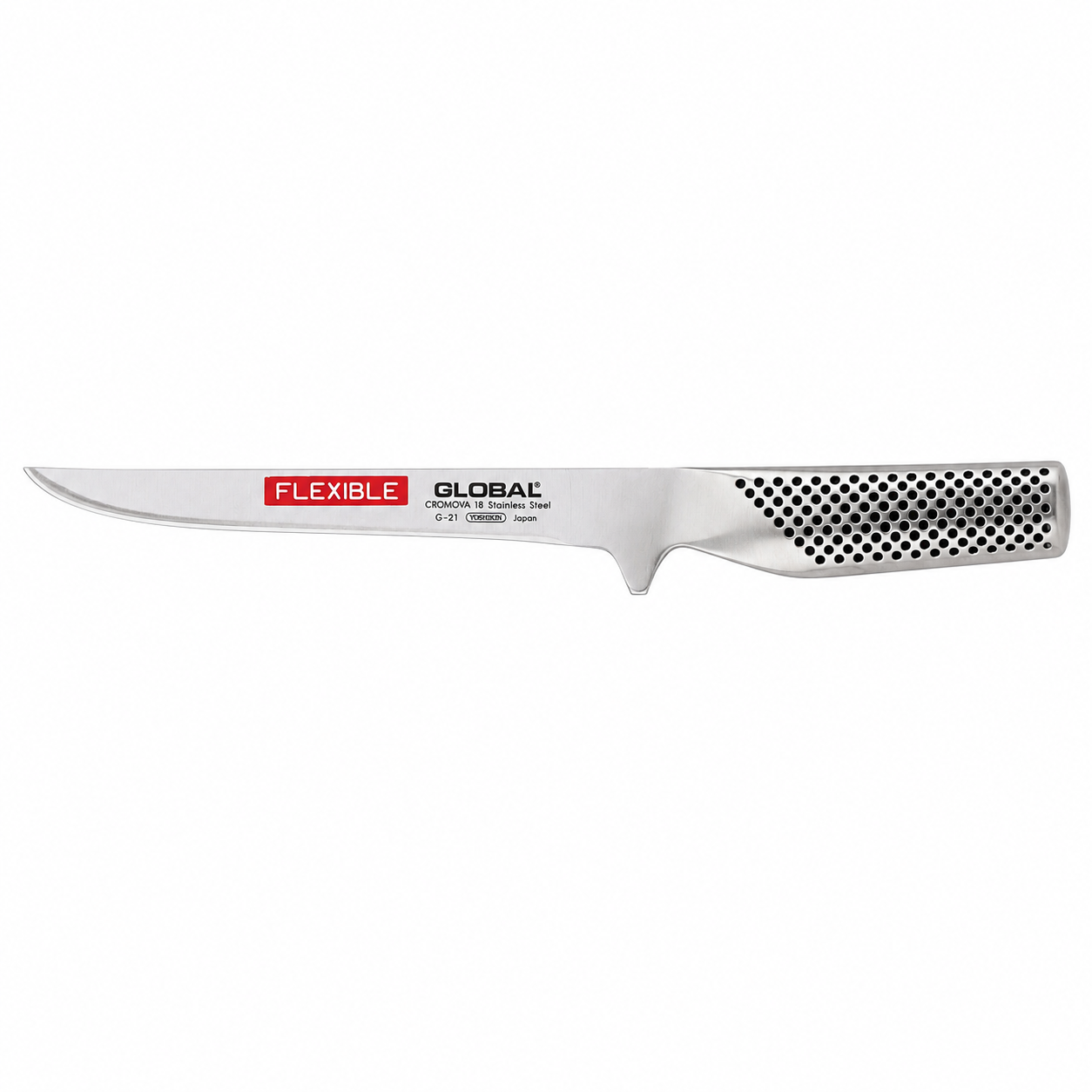 Global stainless steel kitchen knife with a perforated handle and a red FLEXIBLE label on the blade, designed for slicing tasks