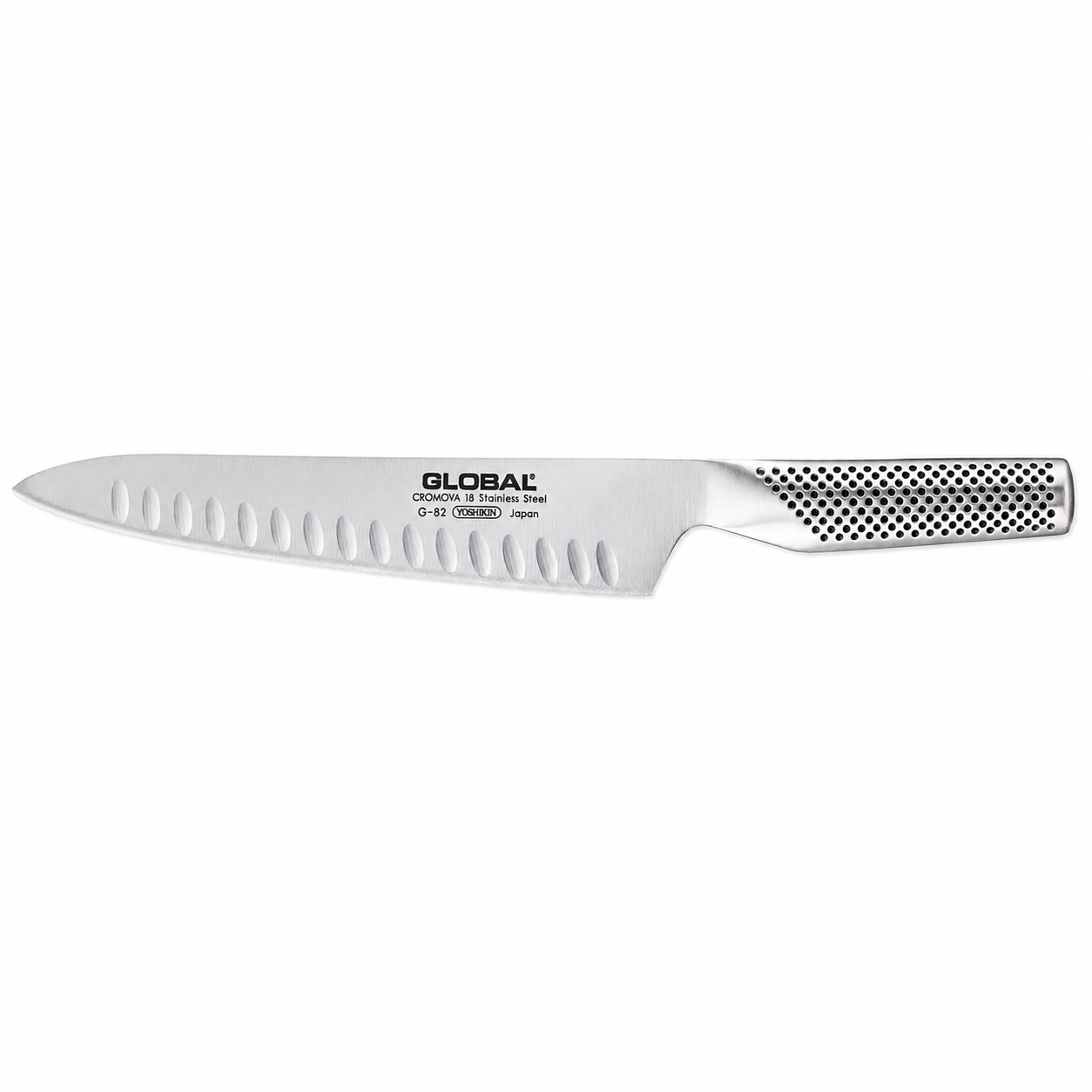 Global G-82 stainless steel chef's knife with hollow oval depressions along the blade and a metal perforated handle