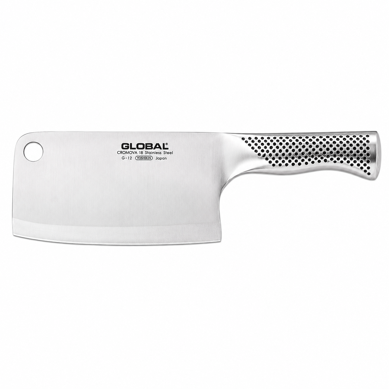 Global G-12 stainless steel cleaver with wide blade and perforated ergonomic handle on a white background.