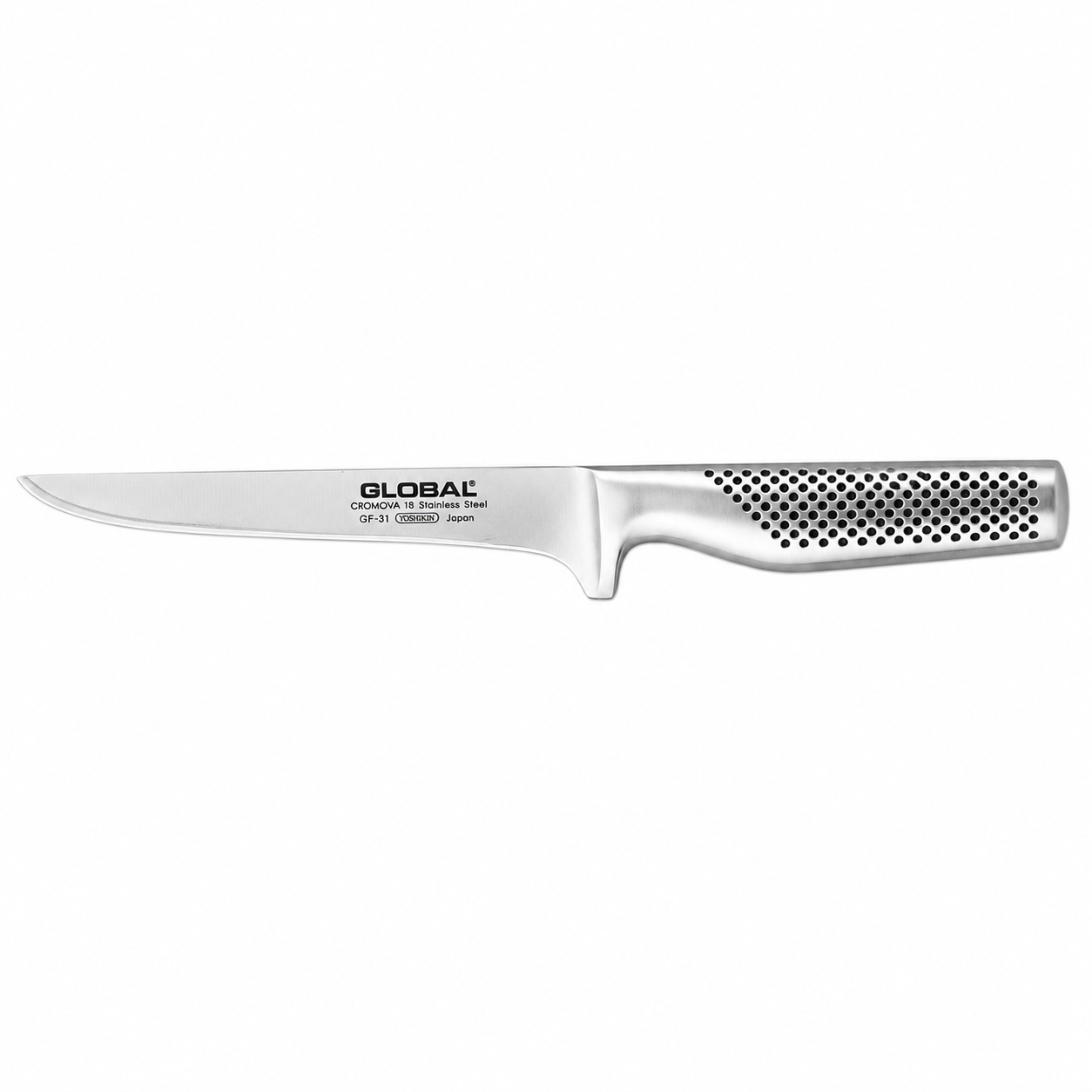 Global stainless steel chef's knife with a perforated, ergonomic handle and branded blade text on the tang area.