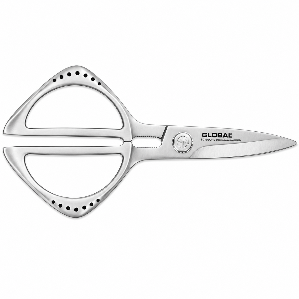 Stainless steel hairdressing scissors with circular ring handles and a long blade, GLOBAL branding visible.