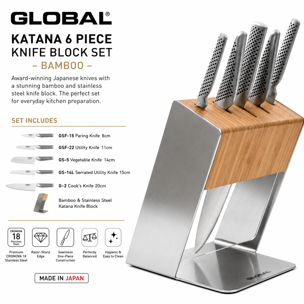 Global Katana 6-piece knife block set in a bamboo stand with six stainless steel knives, captioned 'Made in Japan'.
