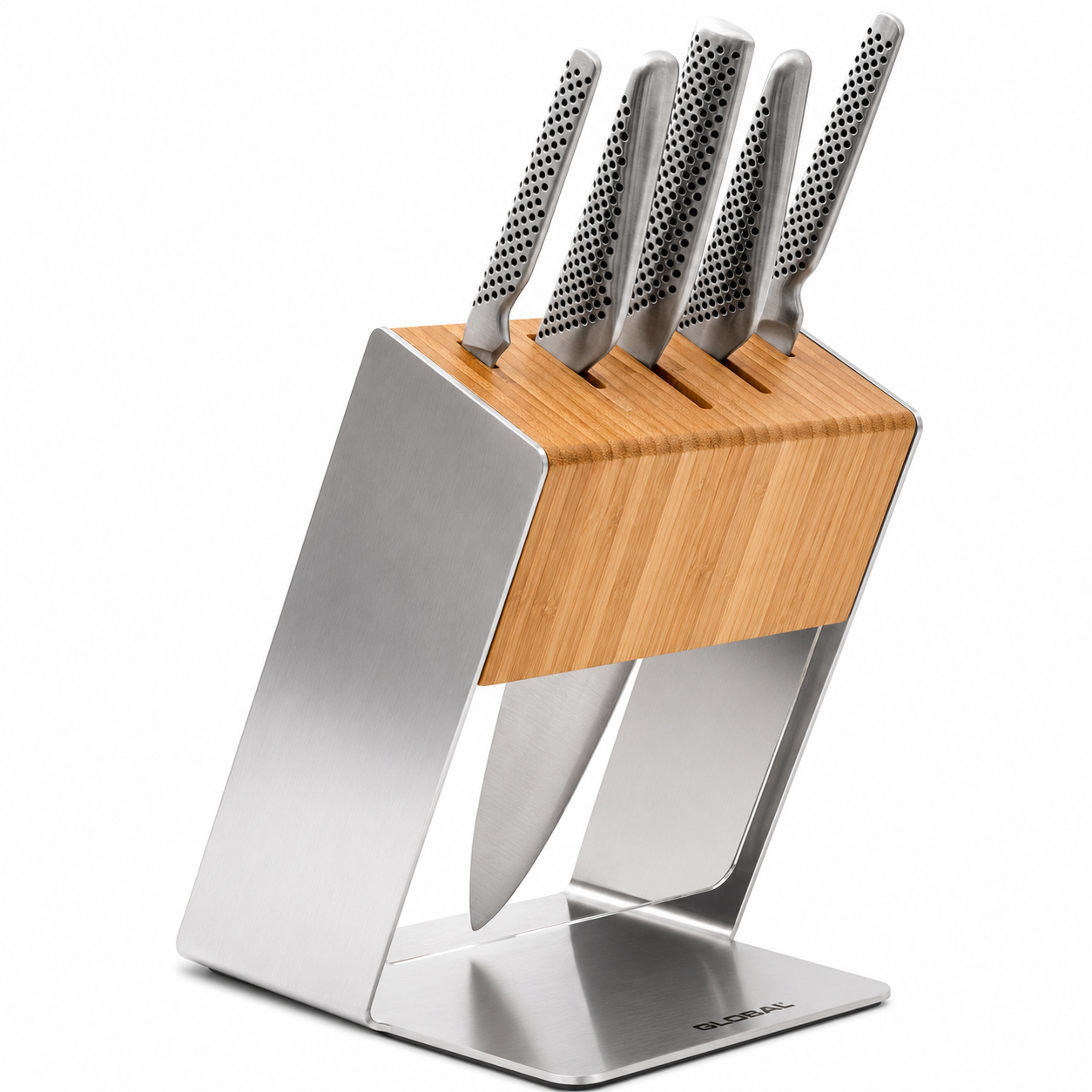 Five perforated-handle stainless steel kitchen knives in a wooden block on a metal stand.