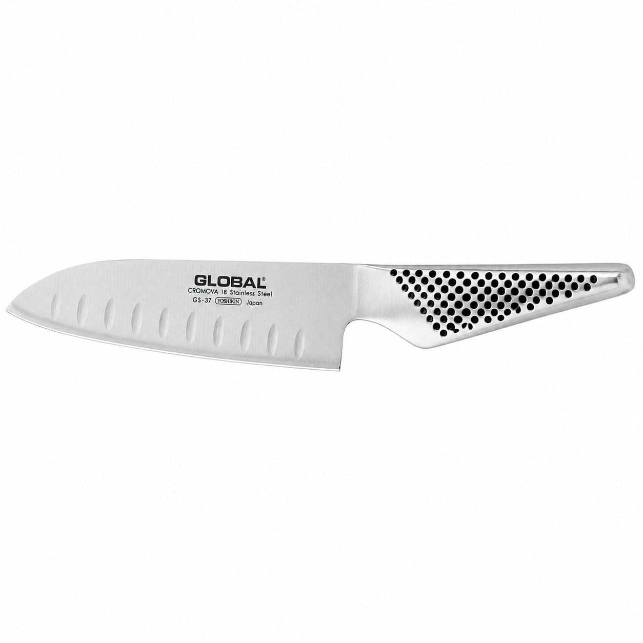 Global GS-37 chef's knife with CROMOVA 18 stainless steel blade and perforated ergonomic handle.