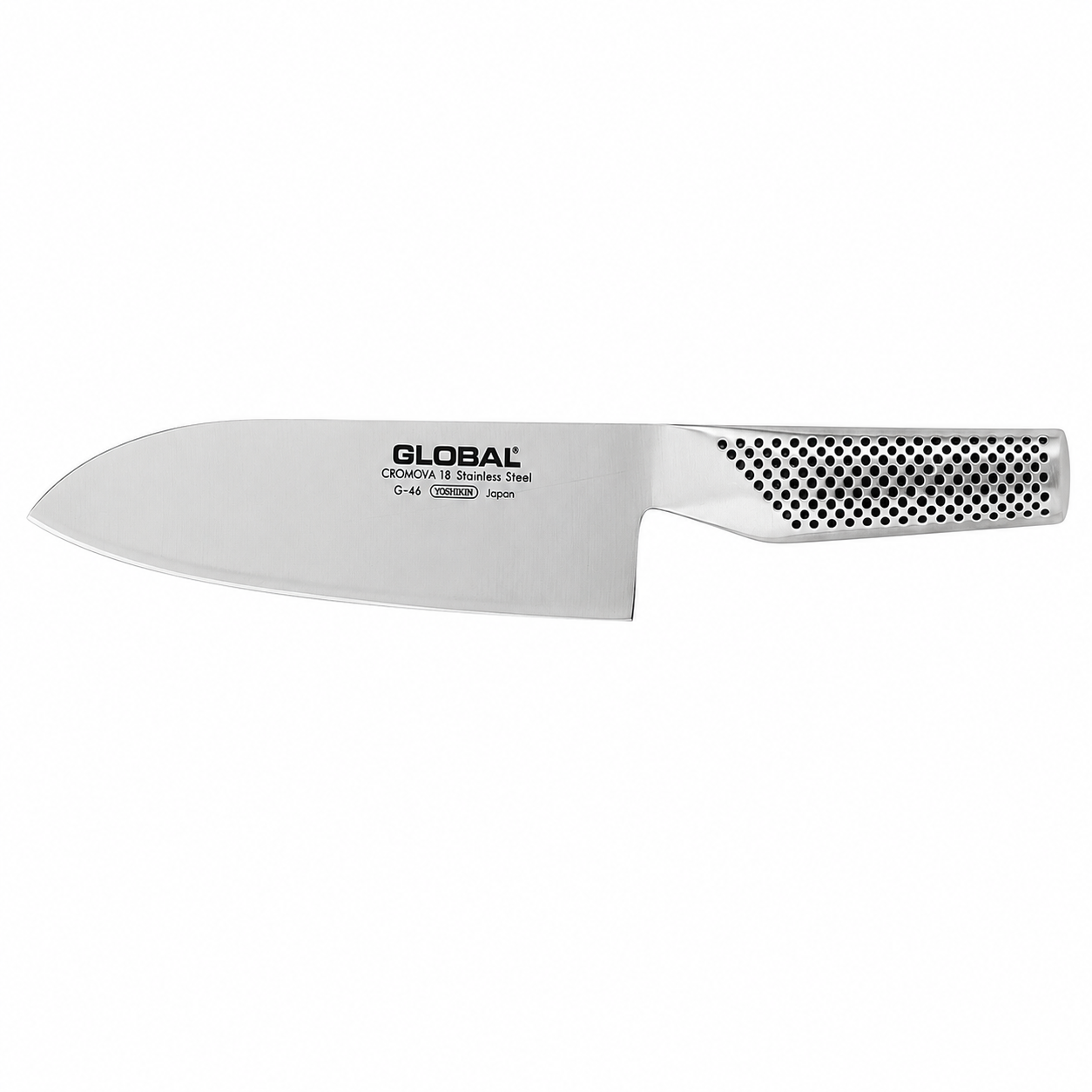 Global chef's knife with a wide stainless blade and perforated metal handle on a white background.