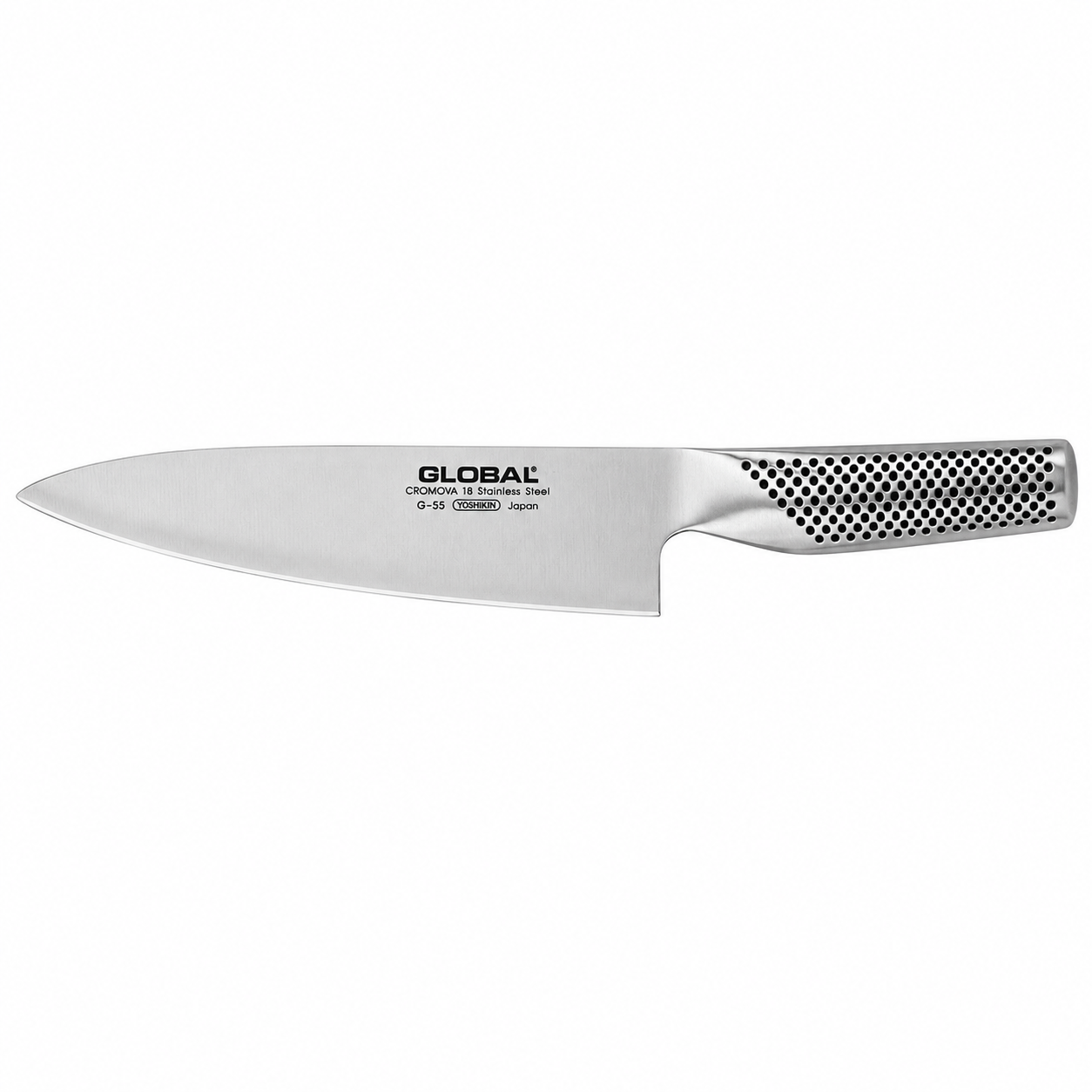 Global G-55 chef's knife with a long stainless steel blade and a perforated handle grip in a minimalist kitchen setting.