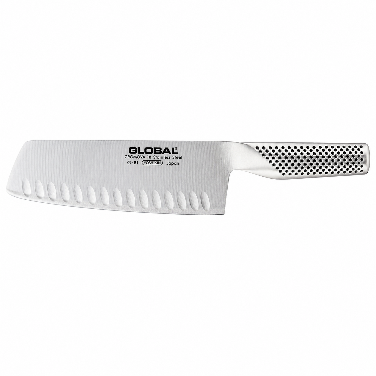 Global G-81 stainless steel chef knife with a perforated, dimpled handle, shown in profile