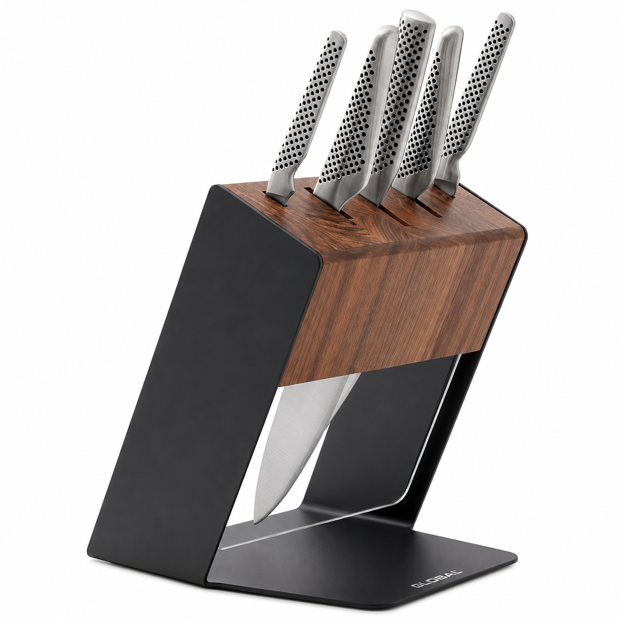 Six stainless steel knives with perforated handles inserted into a wooden knife block on a black stand.