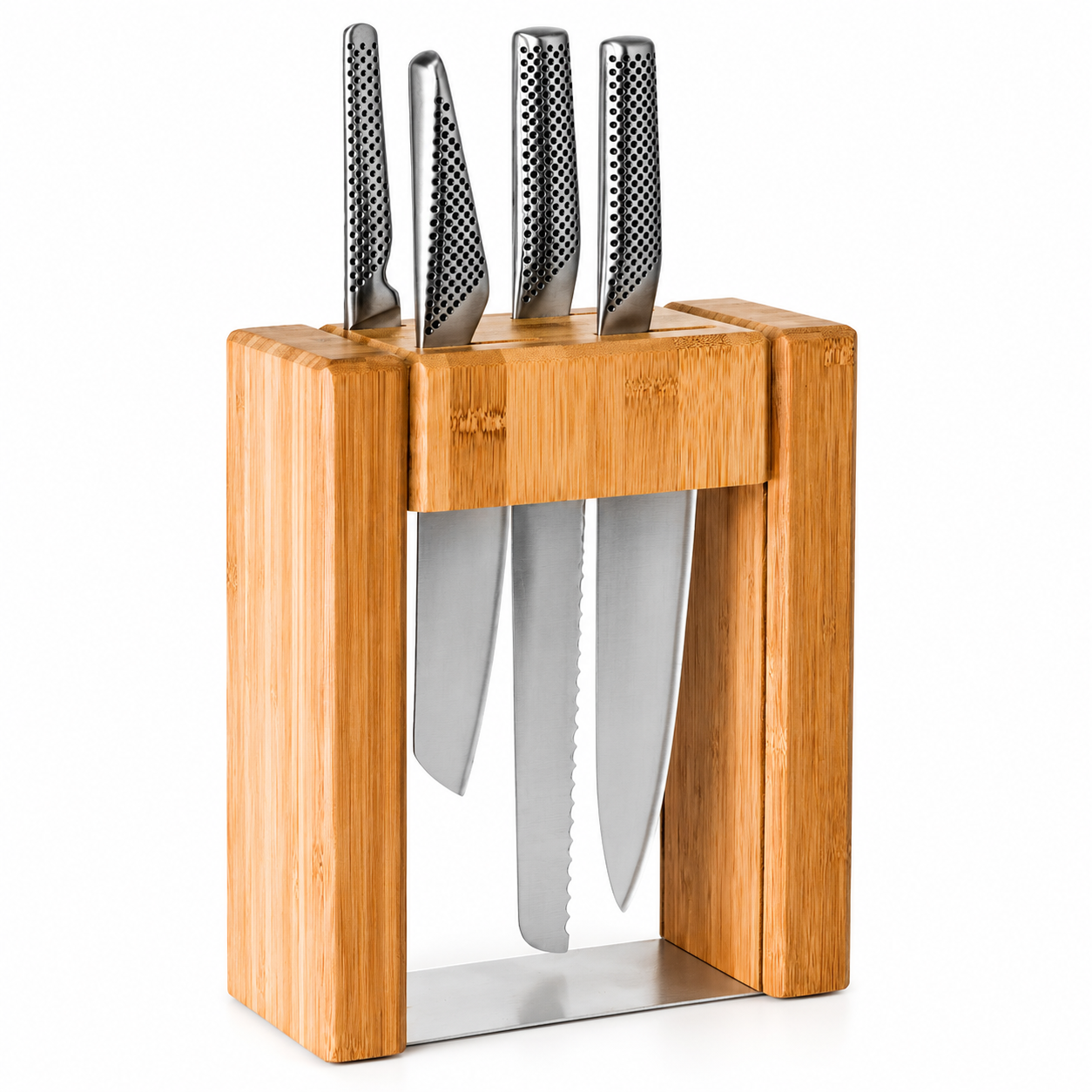 Wooden knife block holding five stainless-steel kitchen knives with perforated handles.