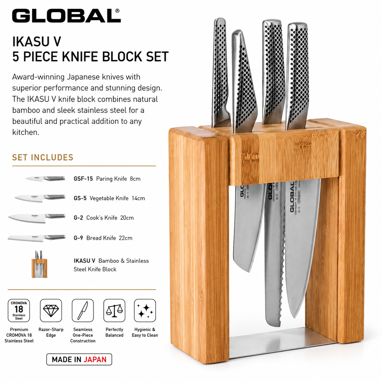 Global Ikasu V 5‑piece knife block set in a wooden stand with five stainless knives in view