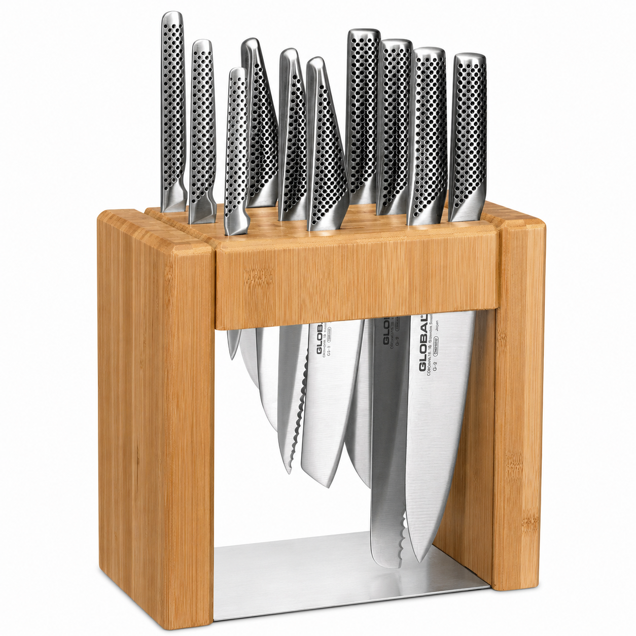 Wooden knife block holding a full set of stainless steel kitchen knives with perforated handles on top and blades stored below.