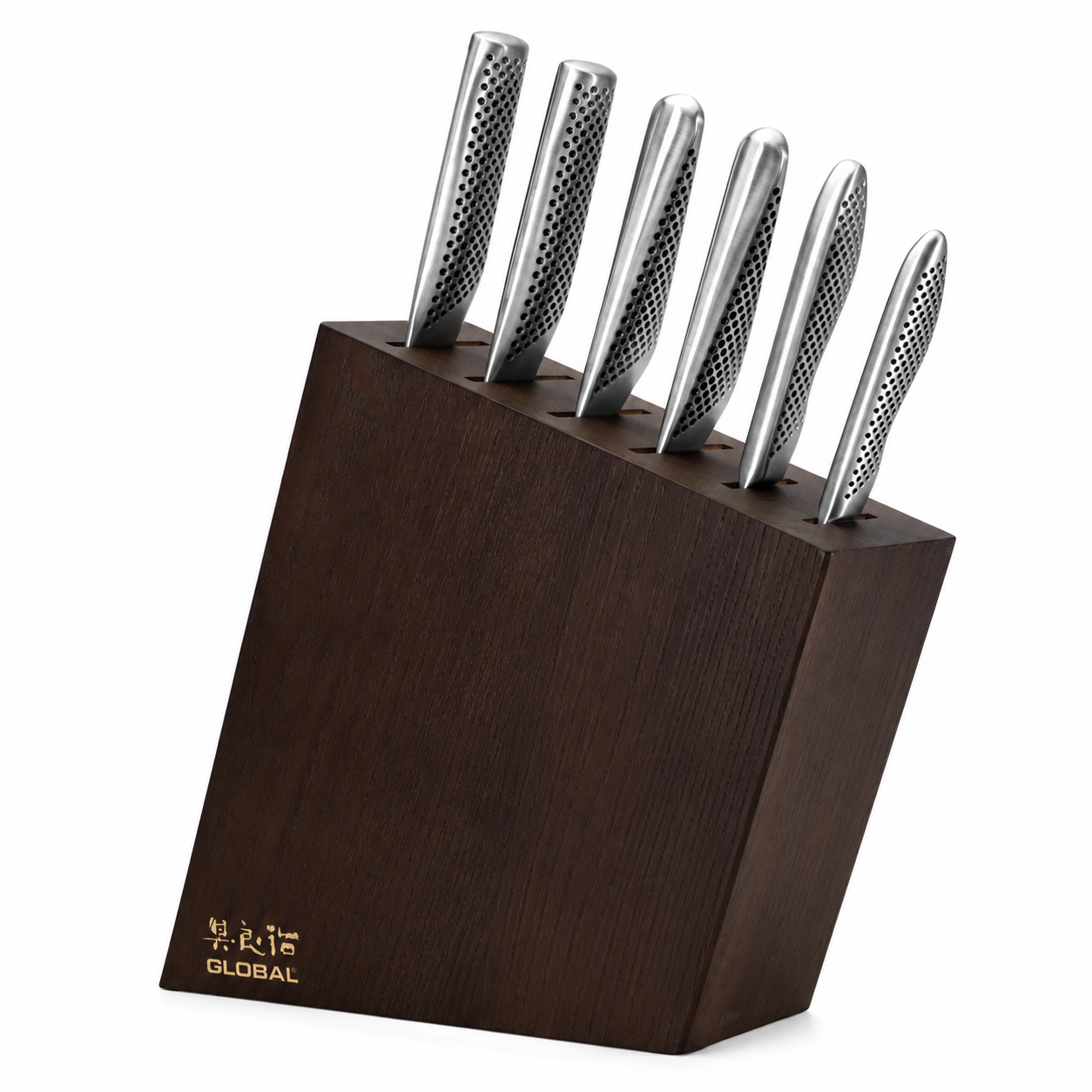 Six stainless steel kitchen knives inserted into a dark wooden knife block, featuring the GLOBAL logo on the base set against a white background.