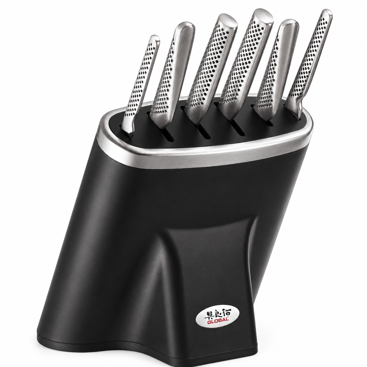 Six stainless steel kitchen knives stored in a black knife block with a silver trim on top surface