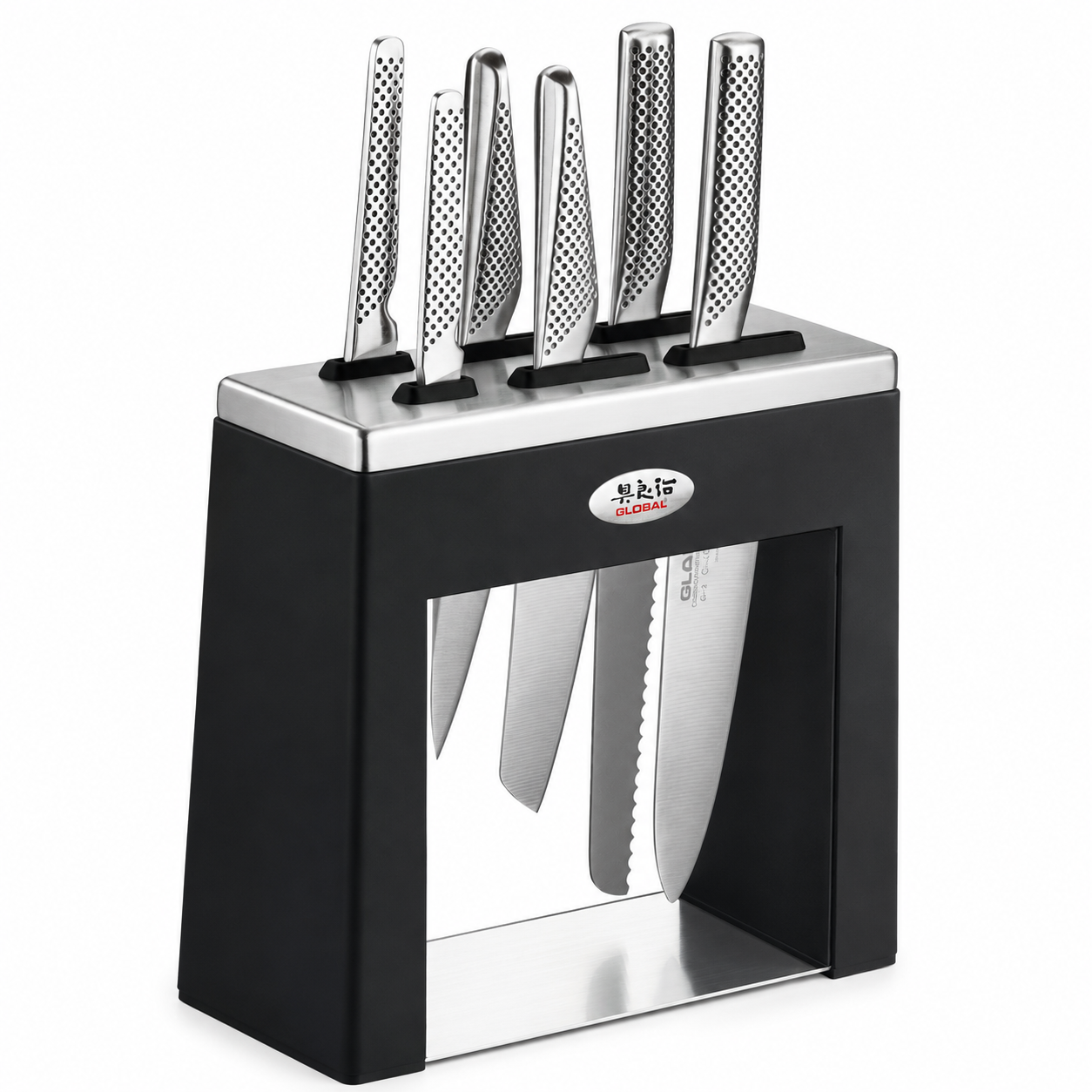 Six stainless steel knives with perforated handles in a black knife block with a metal top and GLOBAL logo on the front badge.