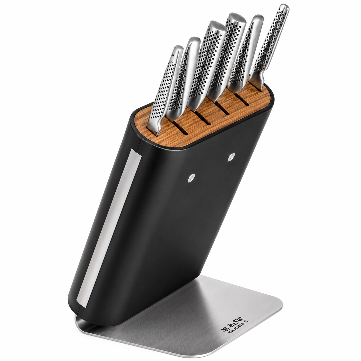 Six stainless steel knives with perforated handles in a black knife block with a wood top.