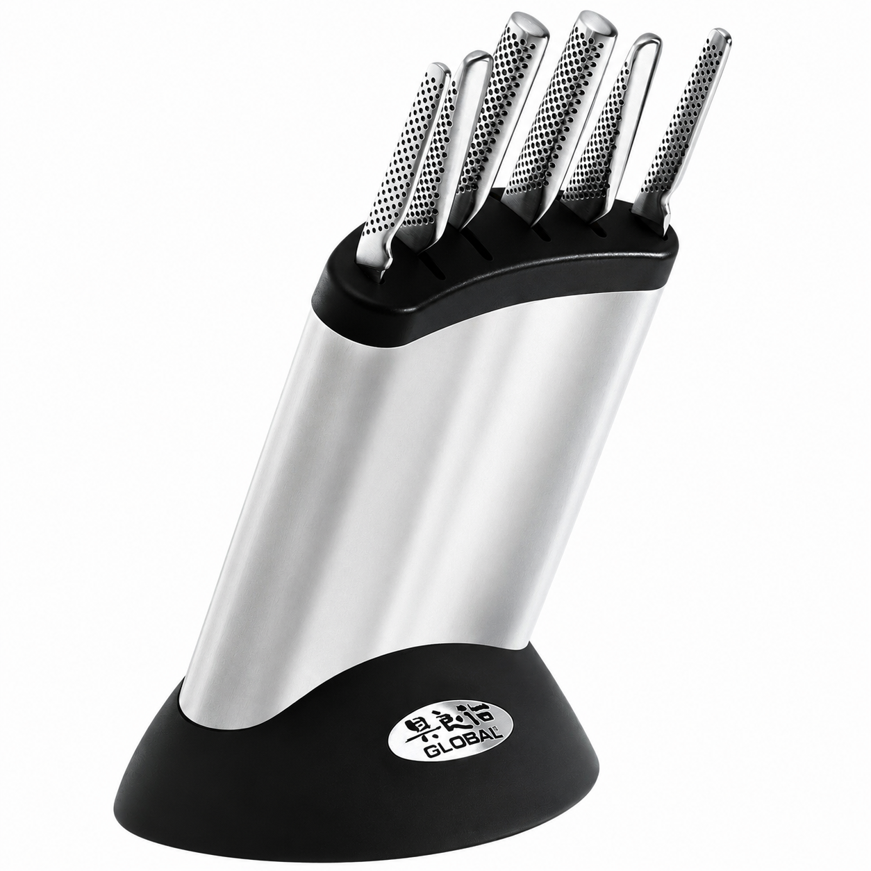 Six stainless steel knives with perforated blades in a black and silver knife block labeled Global