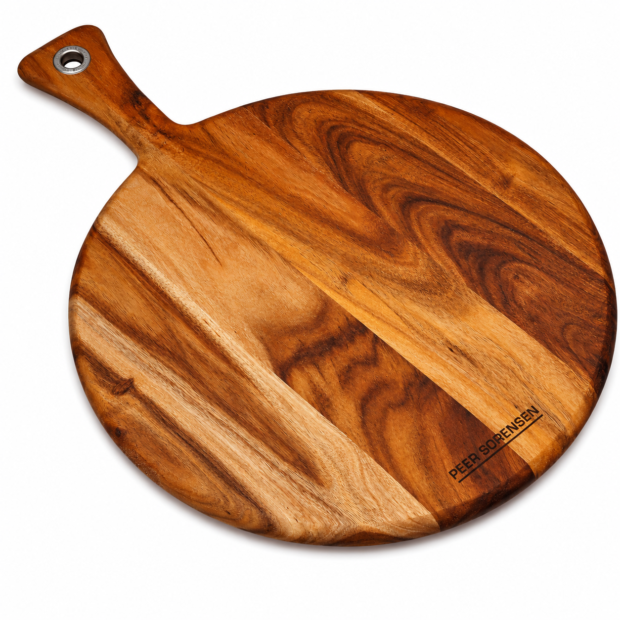 Round wooden cutting board with a short handle and prominent wood grain; brand reads 'PEER SORENSEN' along the edge.