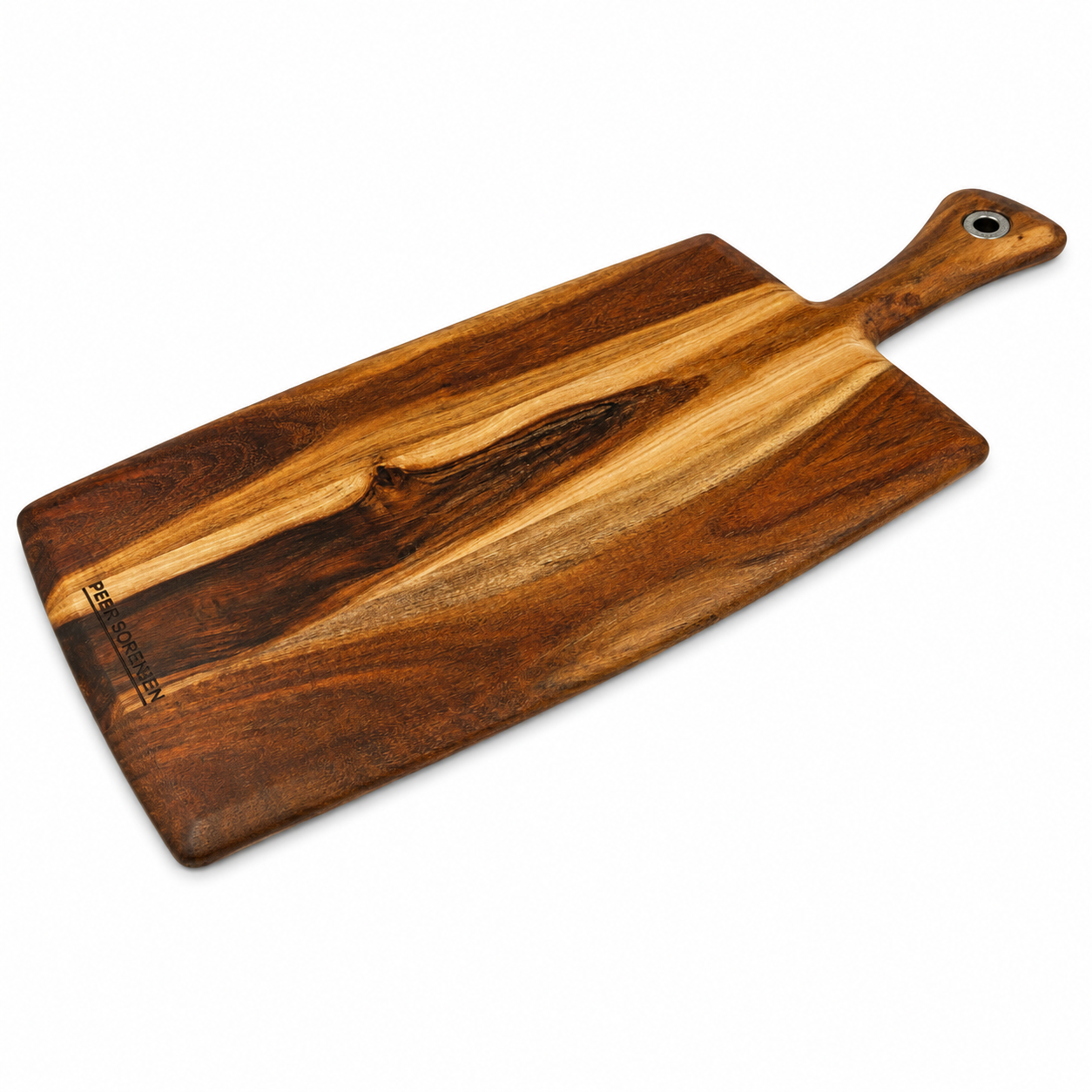 Wooden cutting board with a rounded handle and a hanging hole at the end