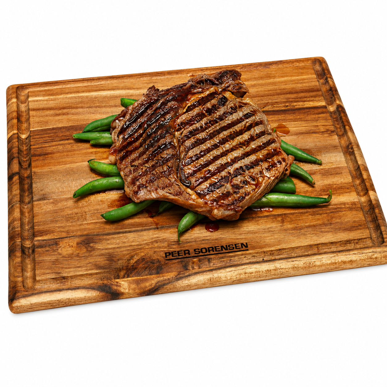 Grilled steak with char marks on a wooden cutting board, garnished with green beans.
