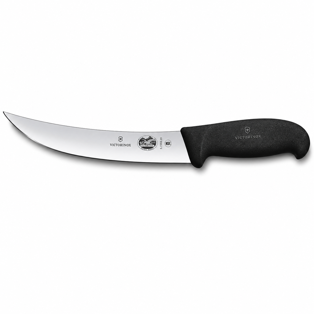 Large curved kitchen knife with a black ergonomic handle (Victorinox), shown in side view for slicing tasks in the kitchen.