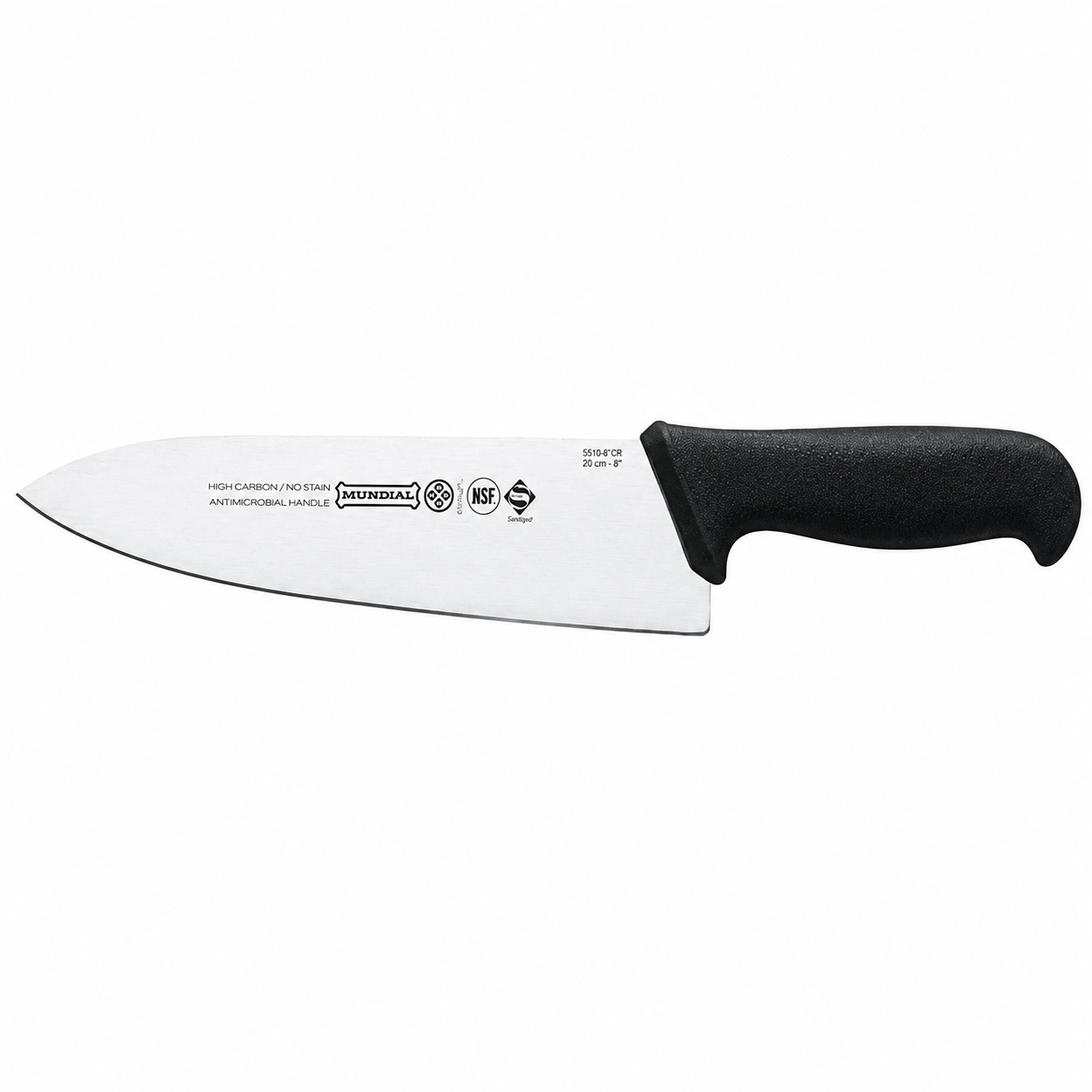 Chef's knife with a wide stainless steel blade and a black ergonomic handle used for chopping and slicing meat and vegetables.