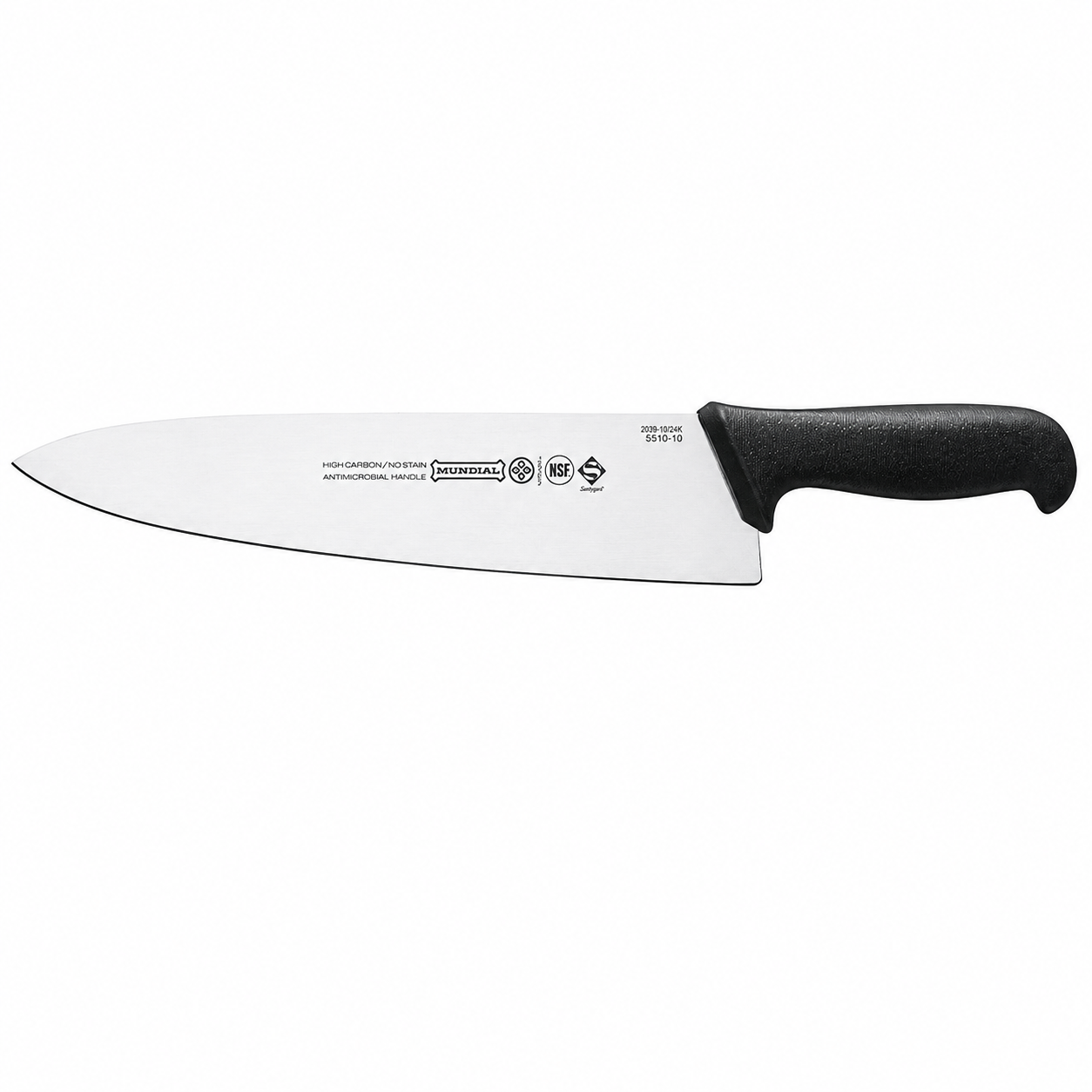 Chef's knife with a wide stainless blade and black textured handle, shown horizontally on a white background