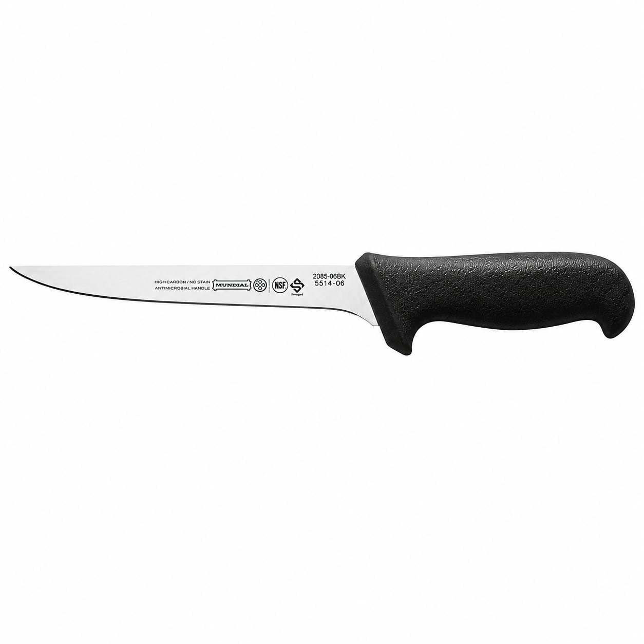 Stainless steel chef's knife with a long curved blade and a black textured handle.