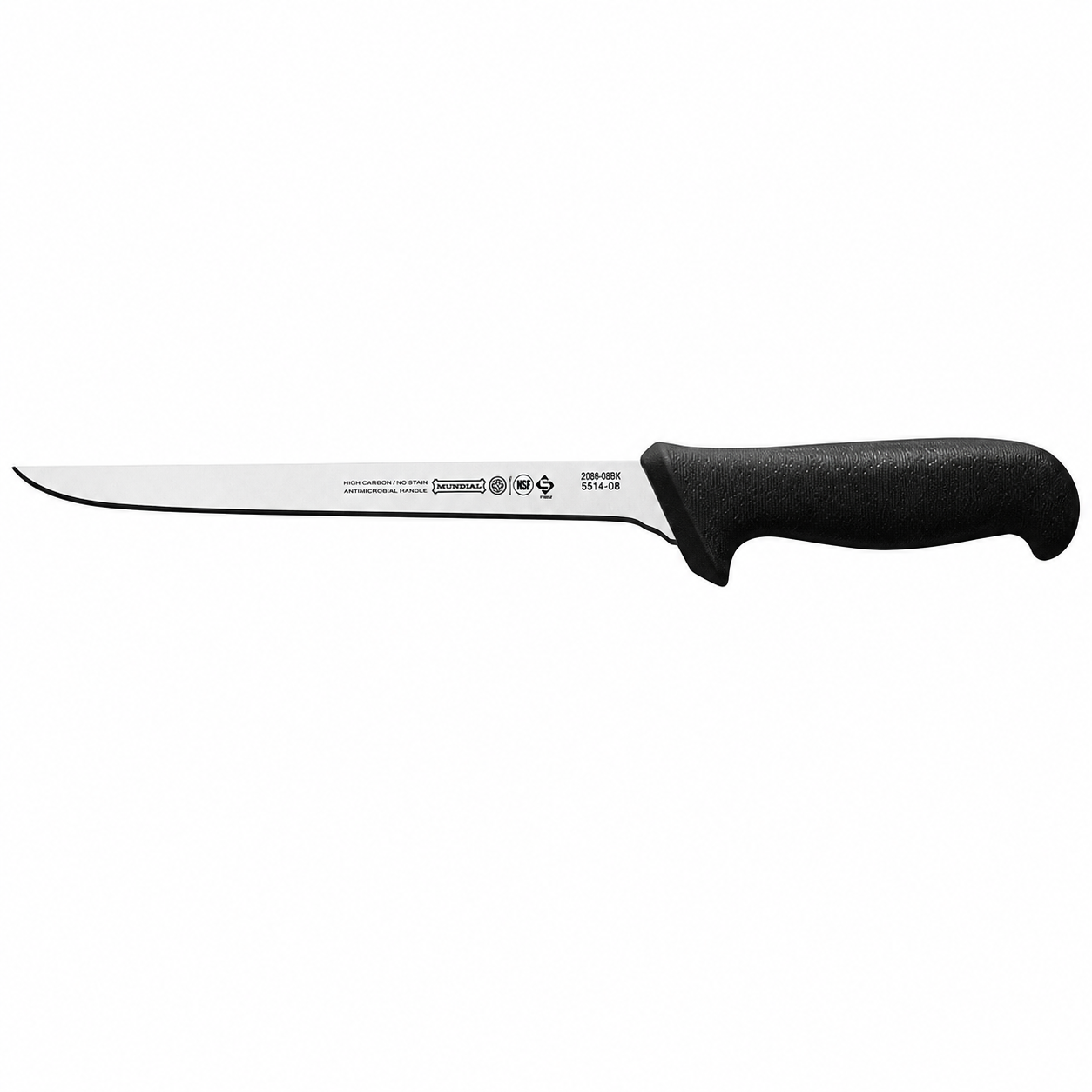 Curved-blade fillet knife with a black textured handle and long silver blade against a white background, designed for slicing meat or fish.