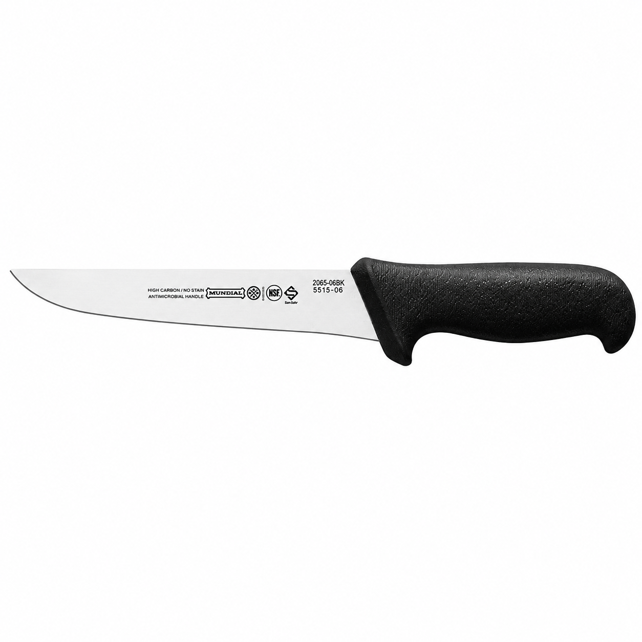 Chef's knife with a long, curved blade and black textured handle positioned horizontally left-to-right.