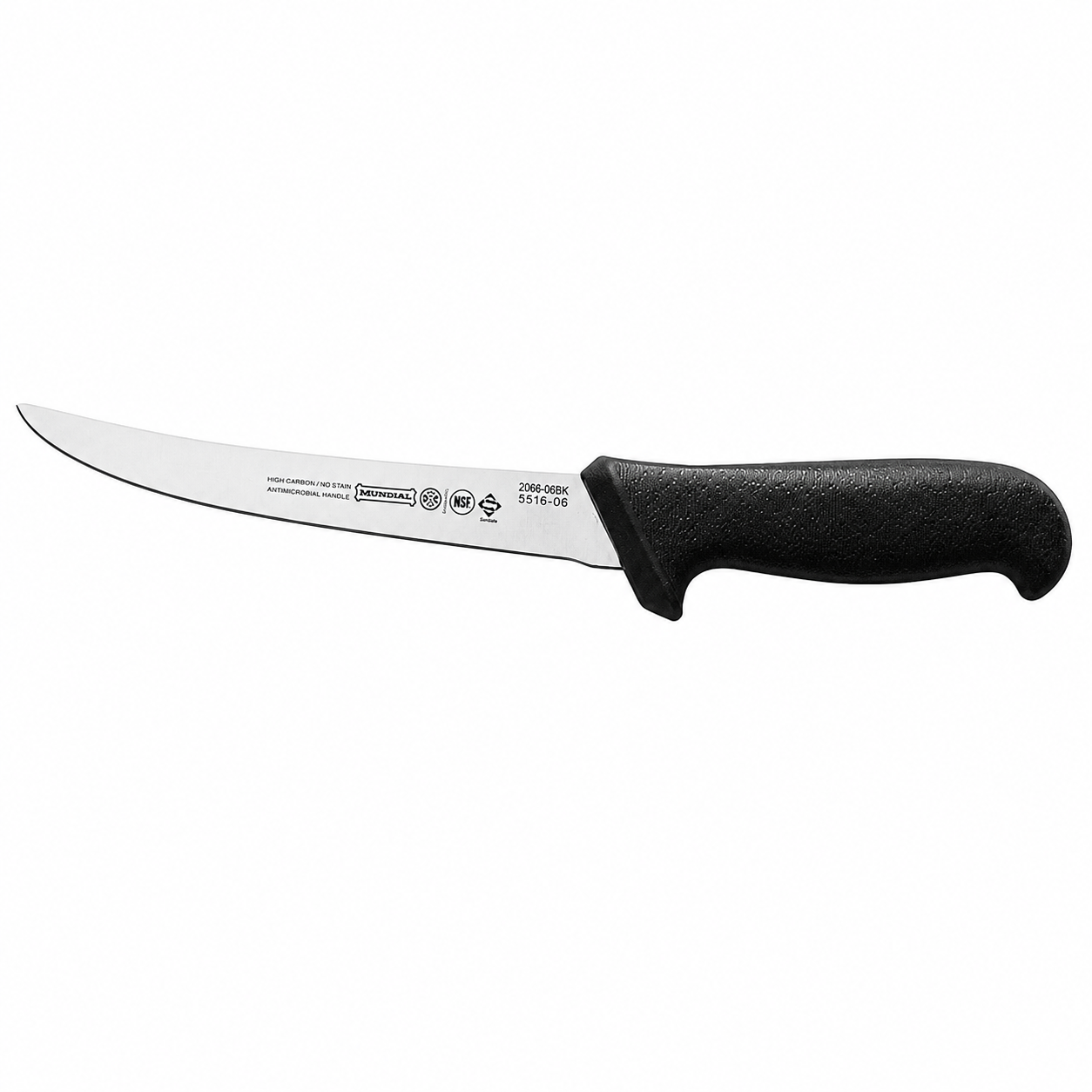 Curved fixed-blade knife with a black textured handle