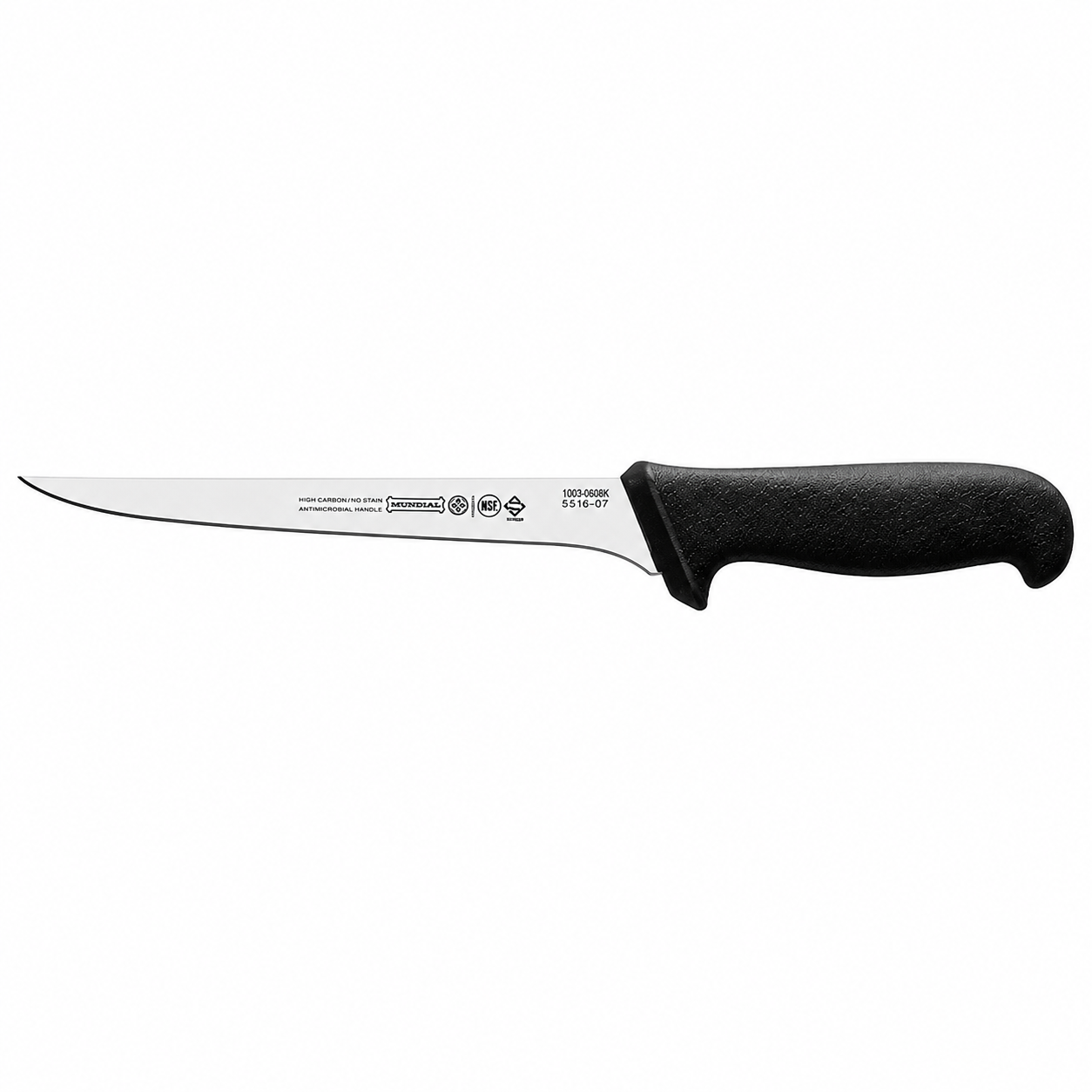 Fixed-blade knife with a long curved blade and a textured black handle.