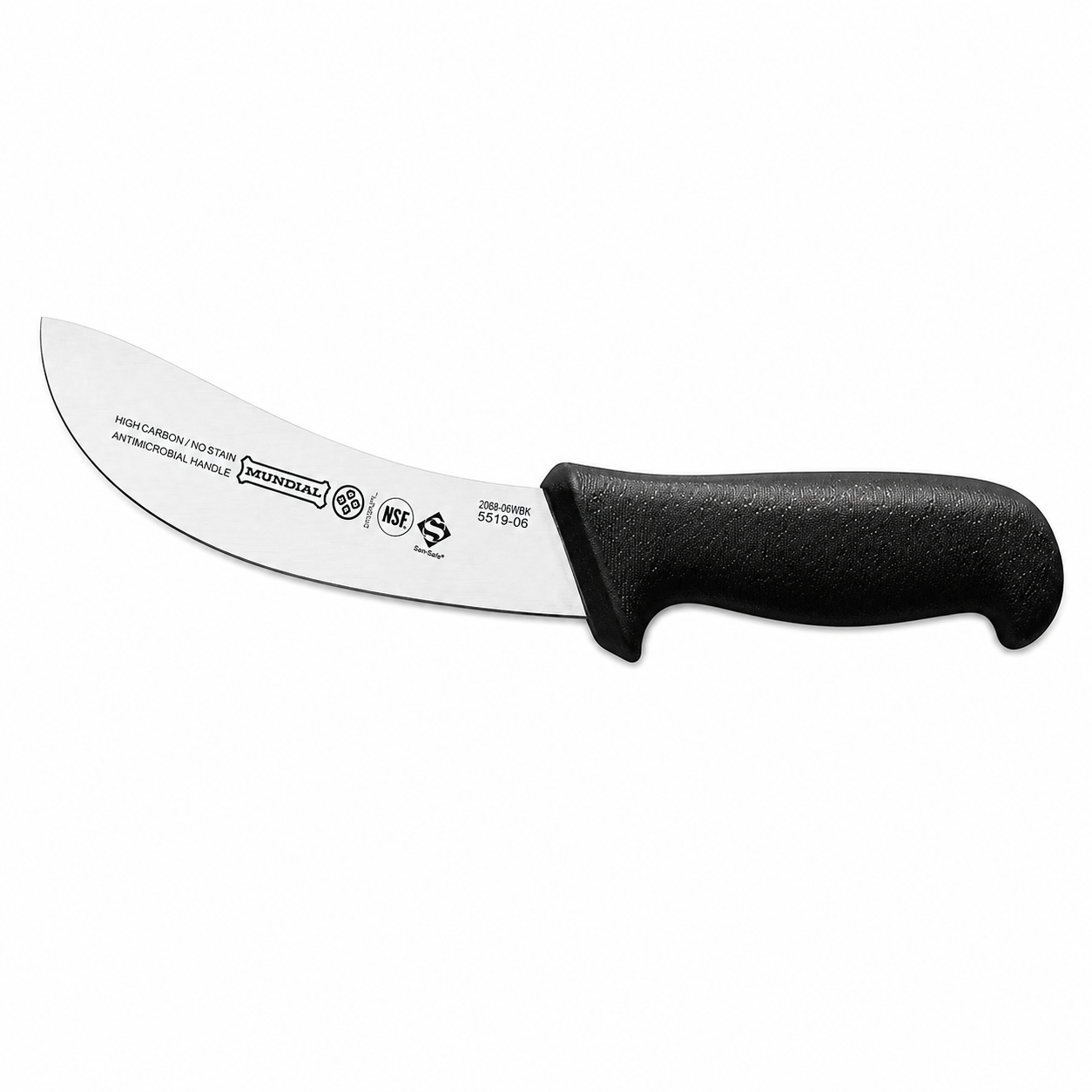 Curved fixed-blade knife with a black ergonomic handle and a stainless blade, shown in profile.