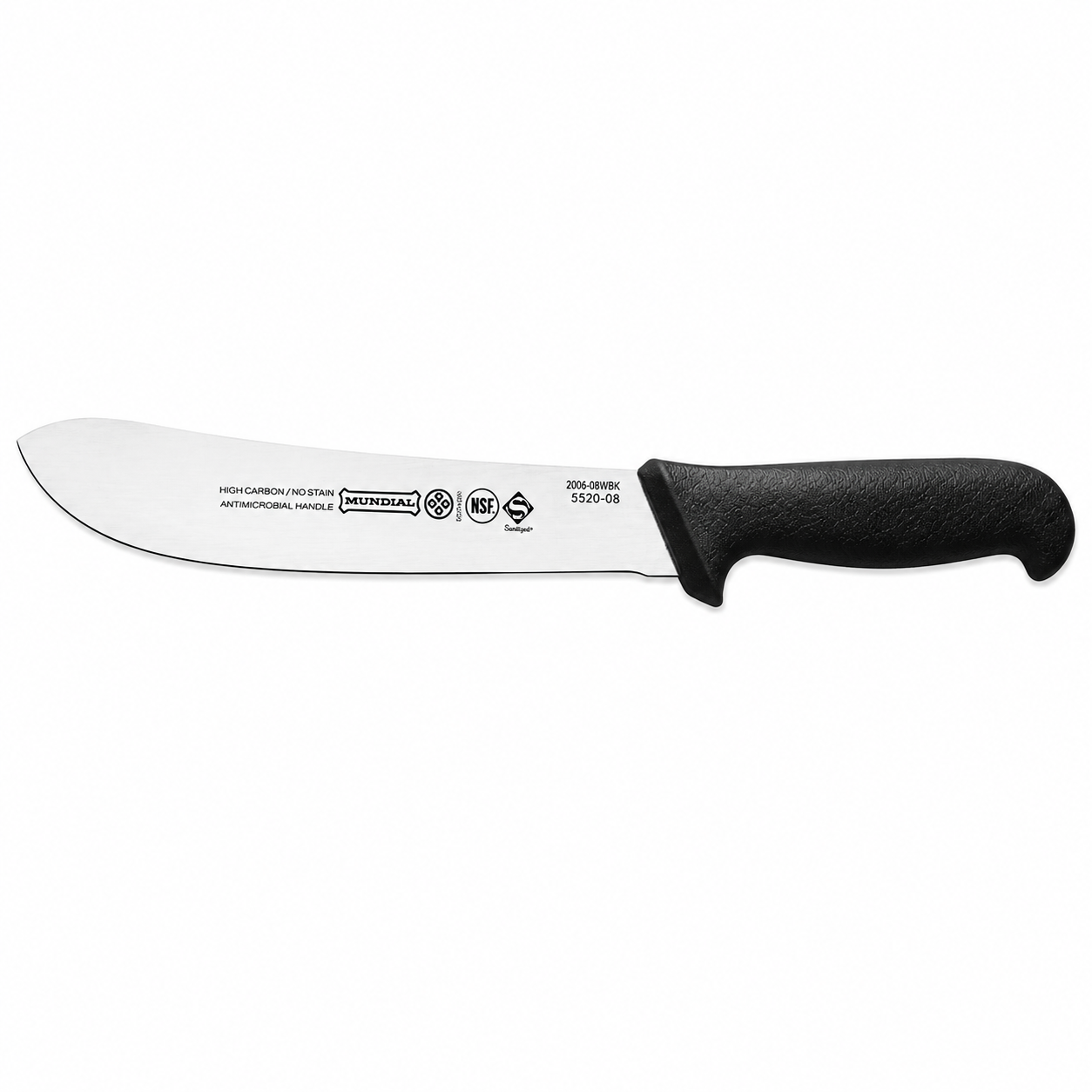Curved chef's knife with a black ergonomic handle on a white background