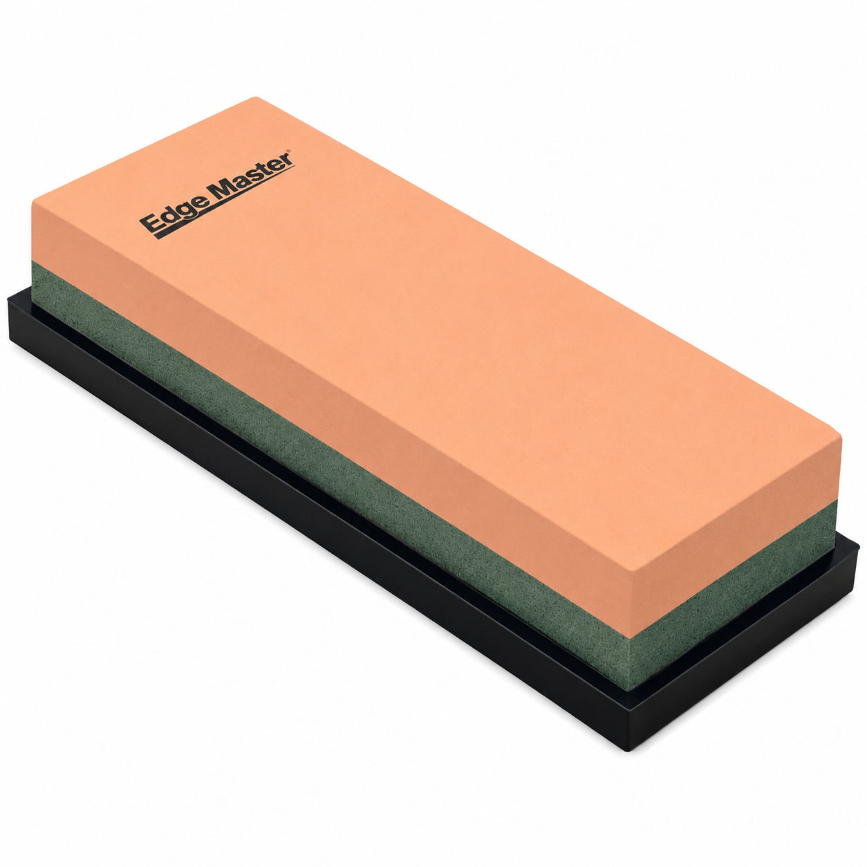 Orange rectangular Edge Master sharpening stone with a green abrasive core mounted on a black base tray.