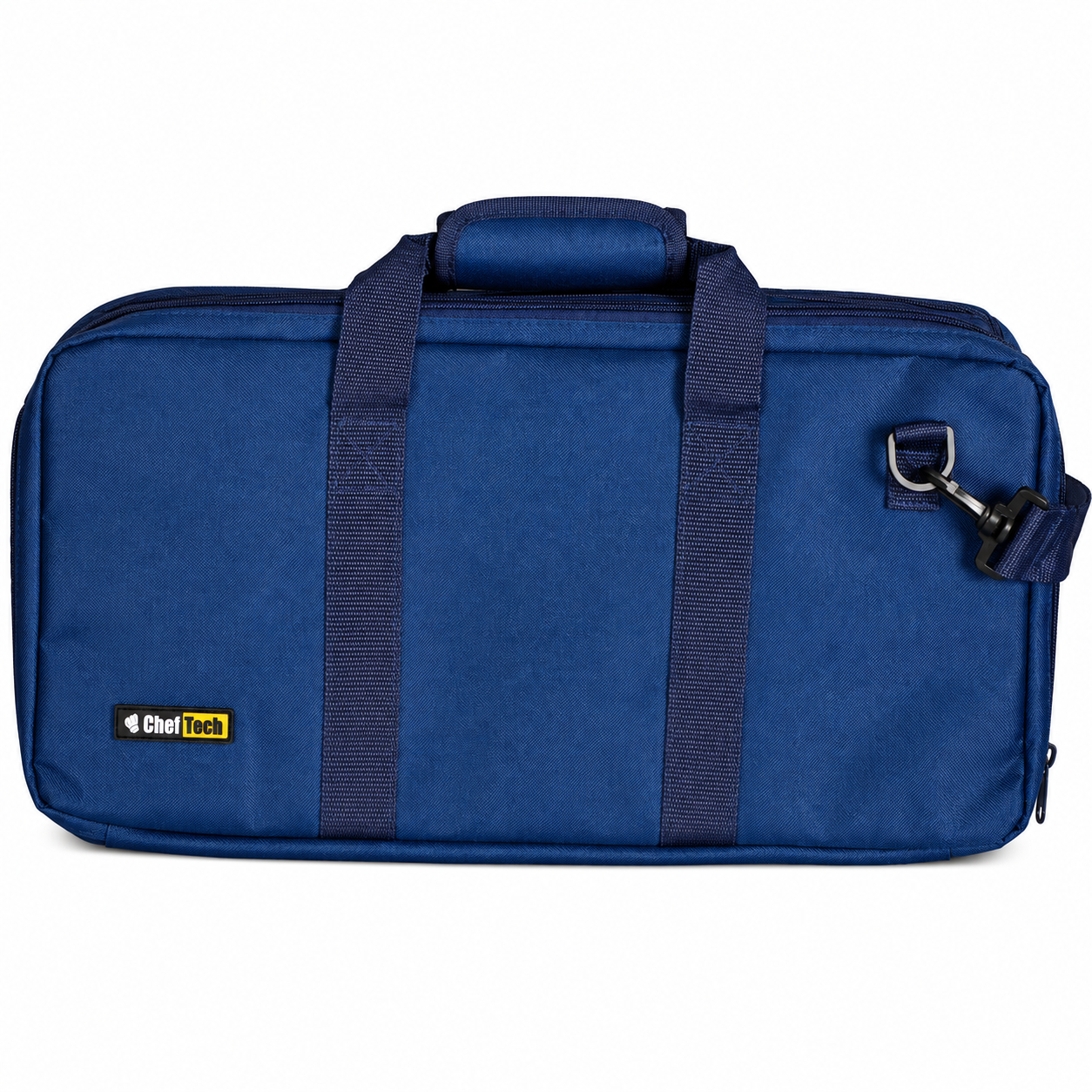 Blue Chef Tech laptop bag with two carrying handles and a side strap attachment, shown from the side. It has a zipper along the top and a small brand tag on the front corner.