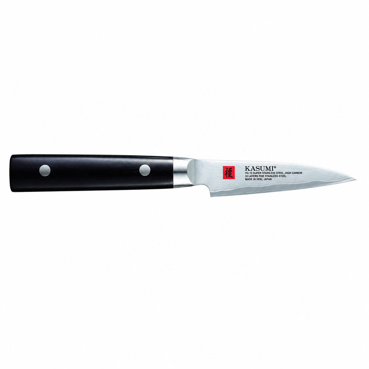 Kasumi kitchen knife with a black handle and riveted metal blade, blade printing visible on the right side.