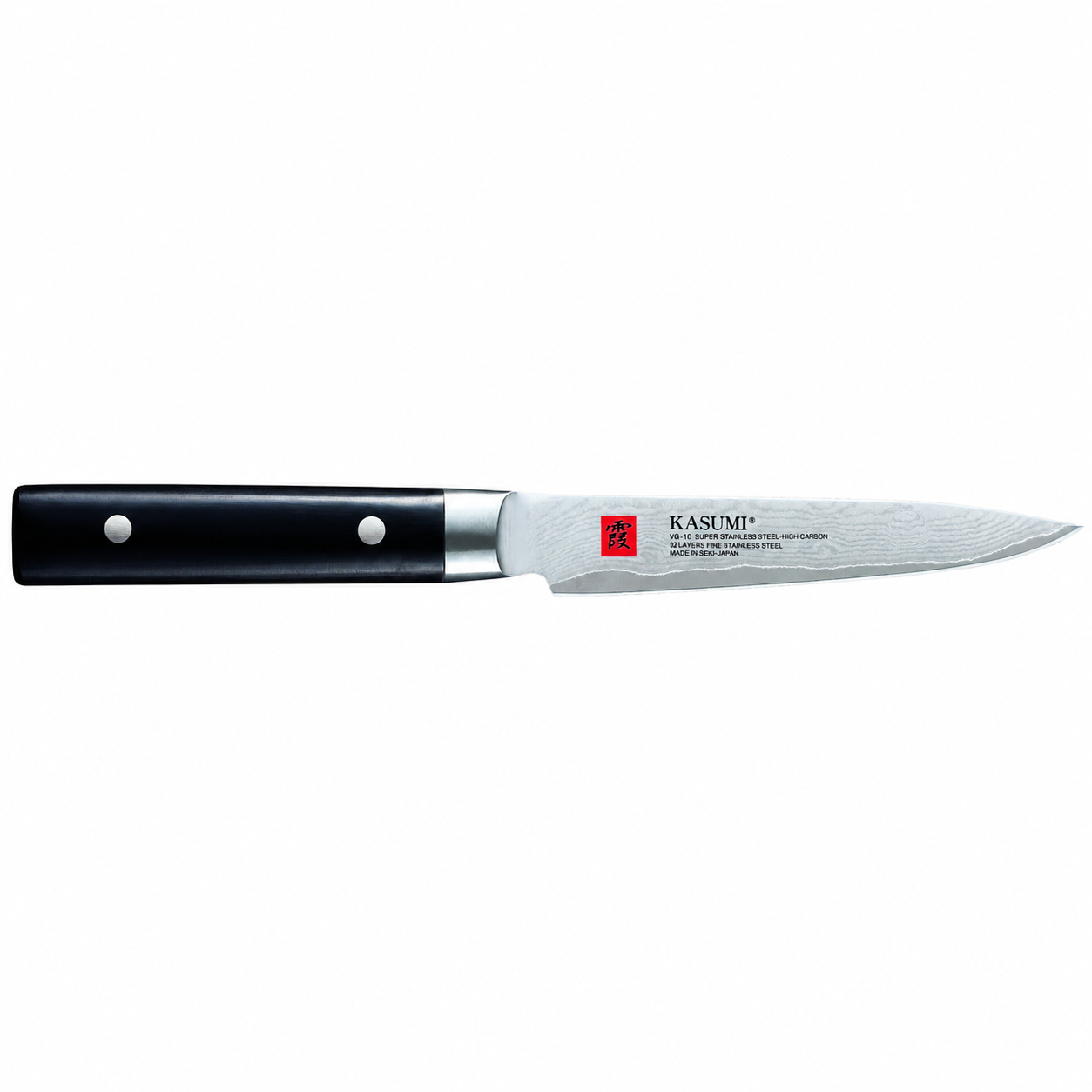 Kasumi chef's knife with a black handle and two rivets, blade marked Kasumi
