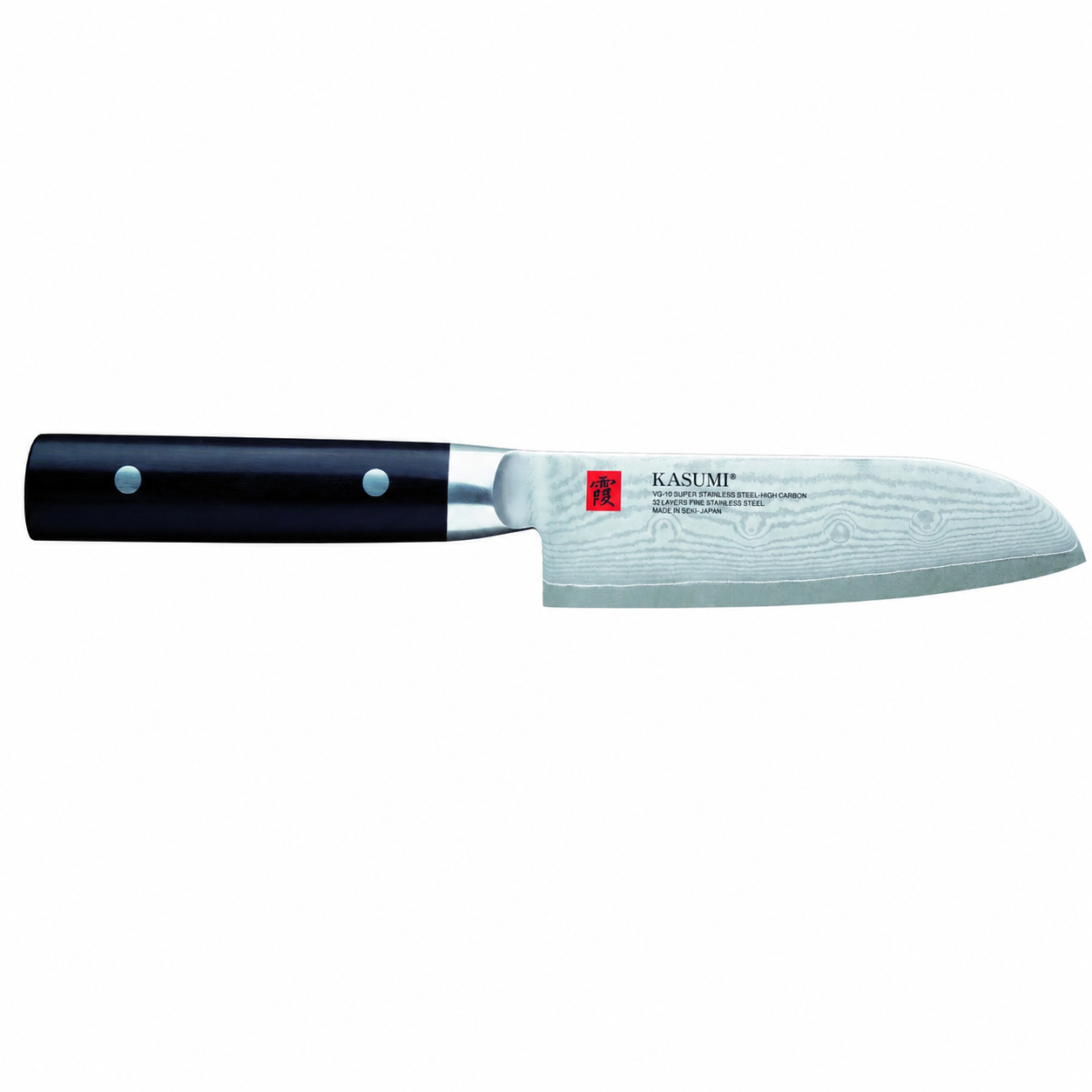 Kasumi chef's knife with a black handle and Damascus-pattern blade, brand logo visible on blade