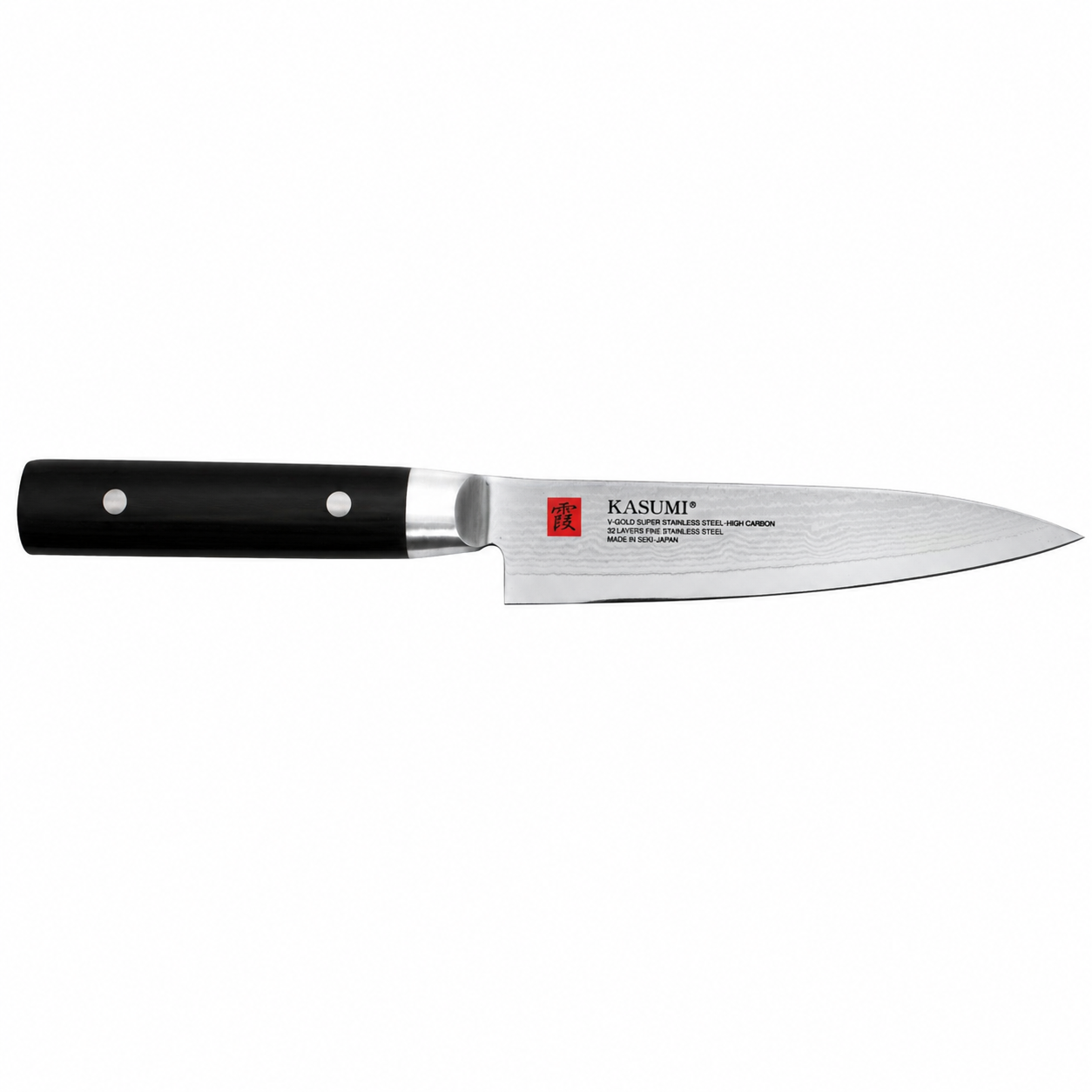 Kasumi chef's knife with a black handle and full-tang blade, branding visible on the blade.
