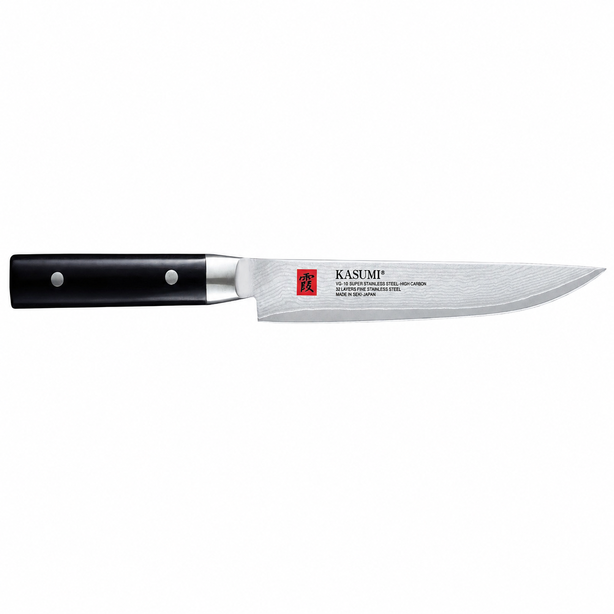 Kasumi chef knife with a black handle and a polished stainless blade, brand name Kasumi visible on the blade edge