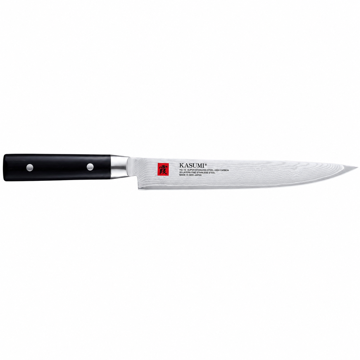 Kasumi chef's knife with a black handle and long stainless blade, brand name Kasumi visible on blade