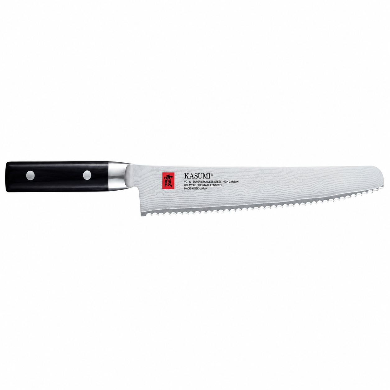 Kasumi bread knife with a black handle and Damascus-patterned blade showing brand logo.