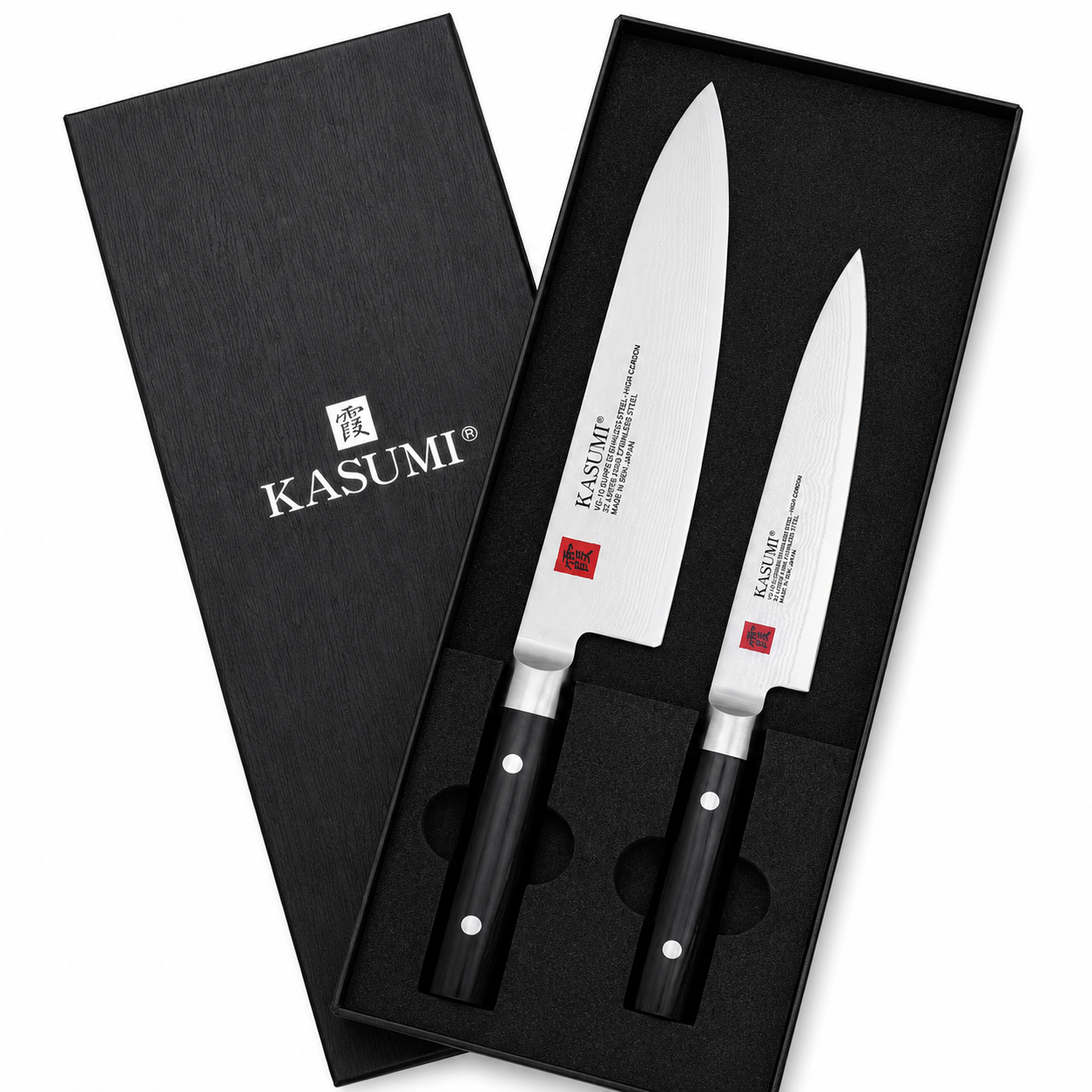 Kasumi two-knife gift set in a black presentation box with foam insert and dark handles.