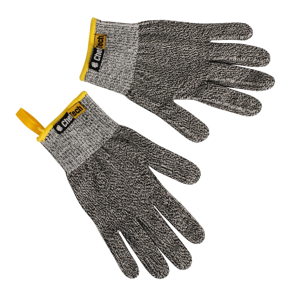 Pair of gray knitted gloves with yellow cuffs and a small brand tag on the wrist area, laid flat for display