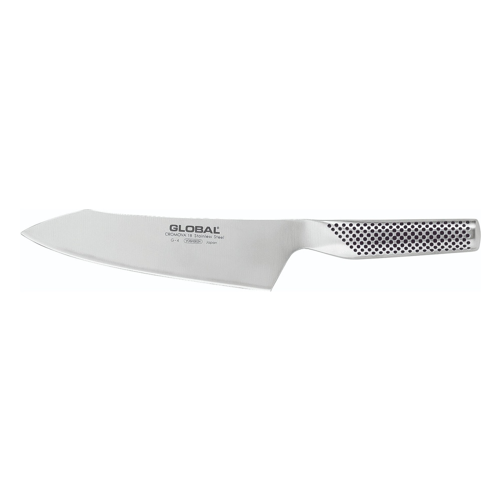 Global stainless steel chef knife with a dotted metal handle, long blade for chopping and slicing.