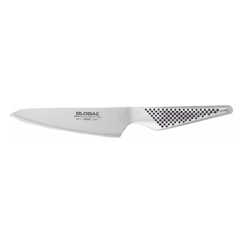 Global GS-3 stainless steel chef's knife with a textured, dotted handle and a broad, curved blade.