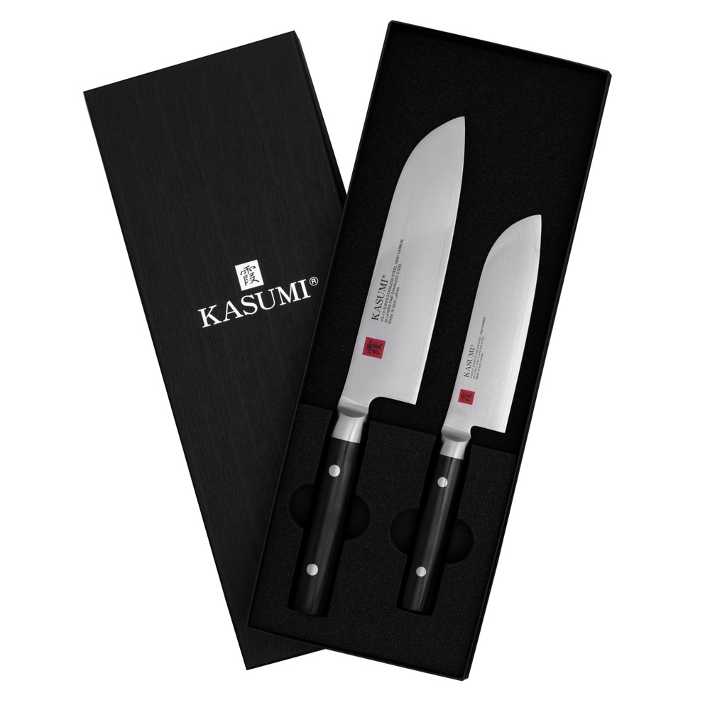 Kasumi two-piece knife set in a black presentation box with foam insert and two chef knives in polished blades and dark handles