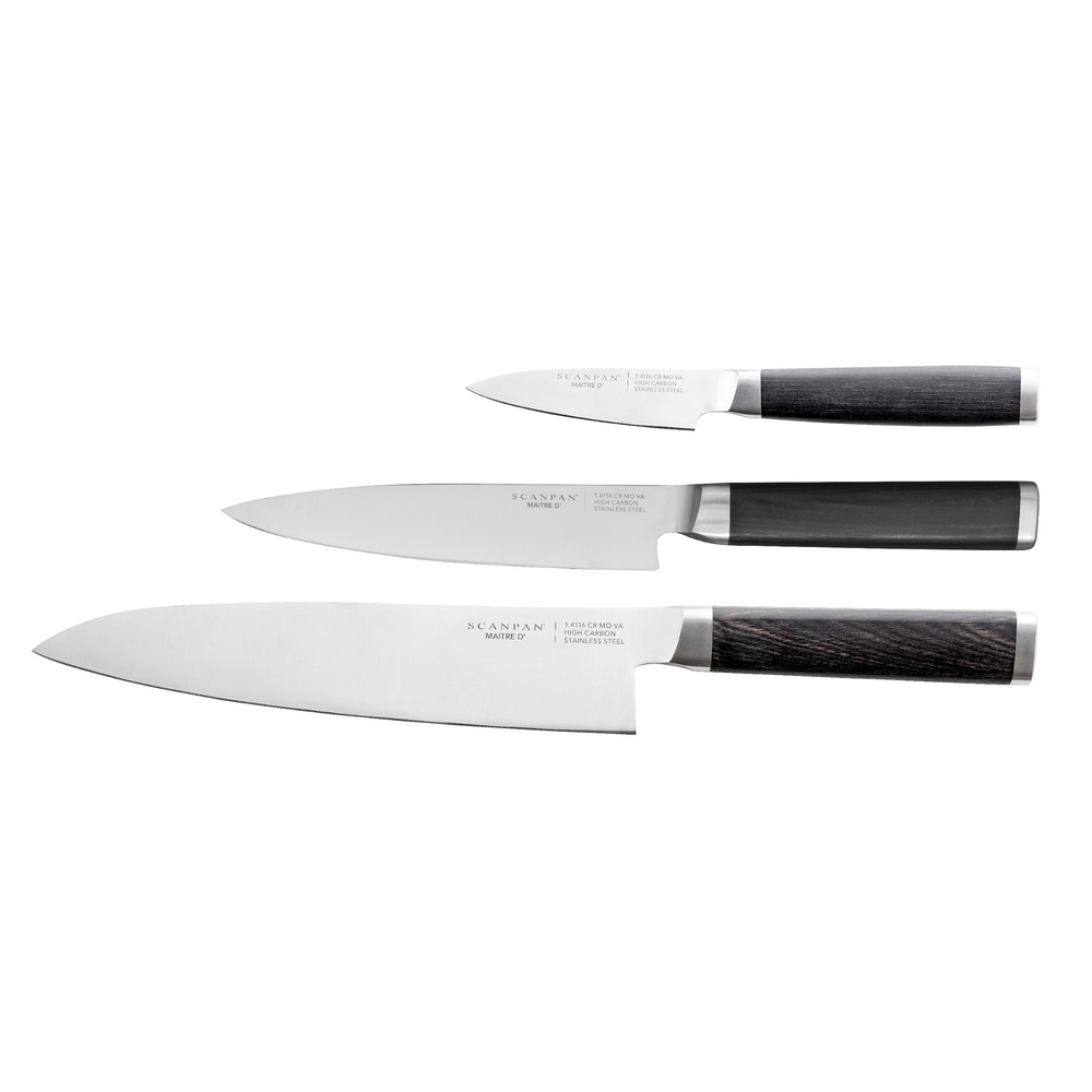Set of three stainless steel kitchen knives with dark wood handles, arranged by size from small top to large bottom.